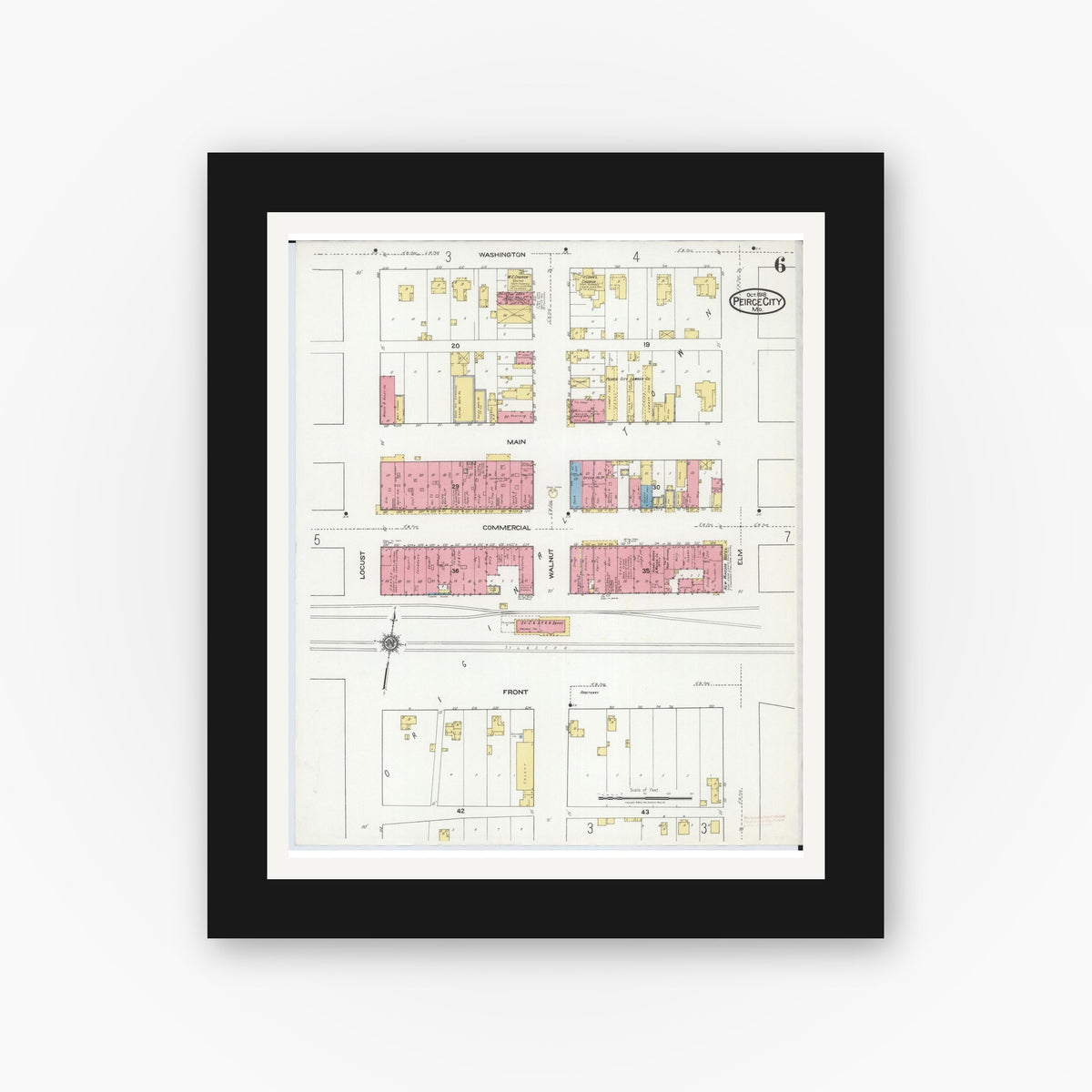 Old map wall art mockup — black gallery frame with white mat — Sanborn Fire Insurance Map from Pierce City, Lawrence County, Missouri (1918), Sheet #0006