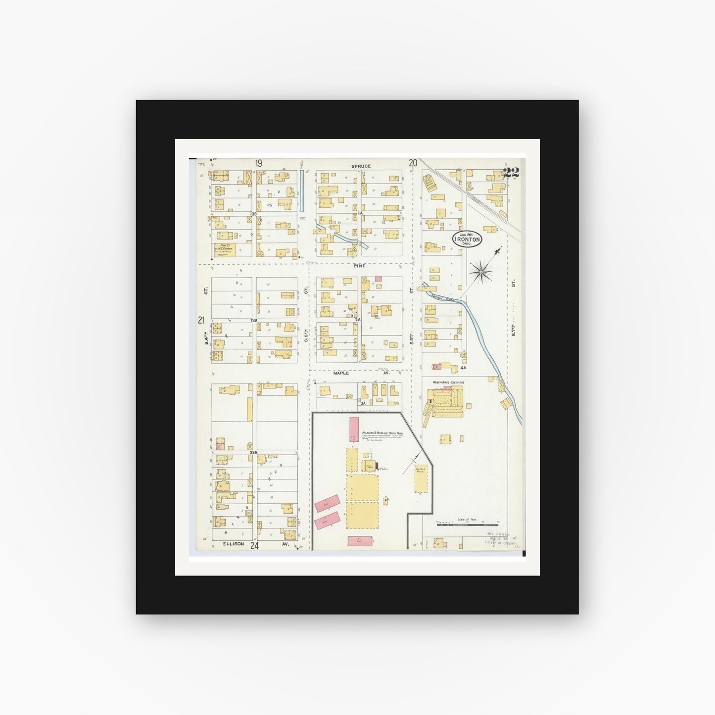 Old map wall art mockup — black gallery frame with white mat — Sanborn Fire Insurance Map from Ironton, Lawrence County, Ohio (1904), Sheet #0022