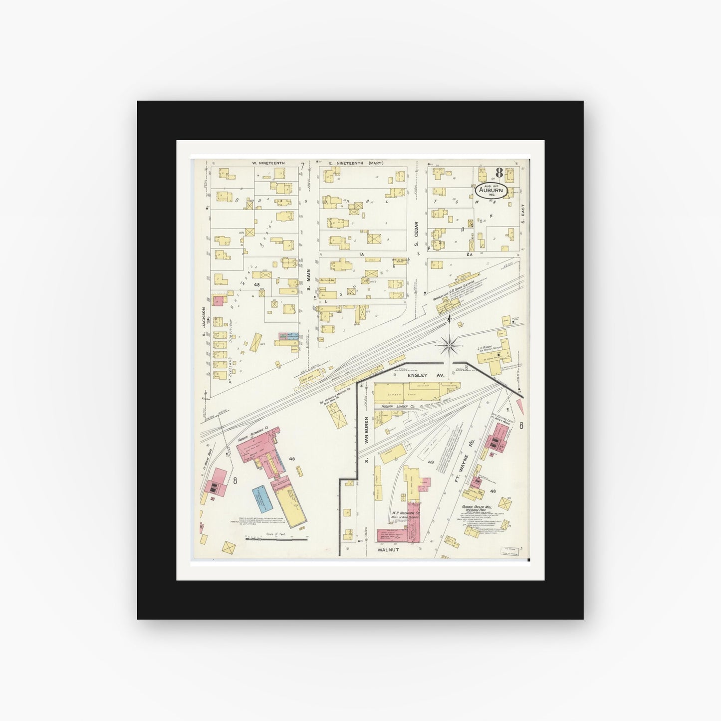 Old map wall art mockup — black gallery frame with white mat — Sanborn Fire Insurance Map from Auburn, De Kalb County, Indiana (1907), Sheet #0008