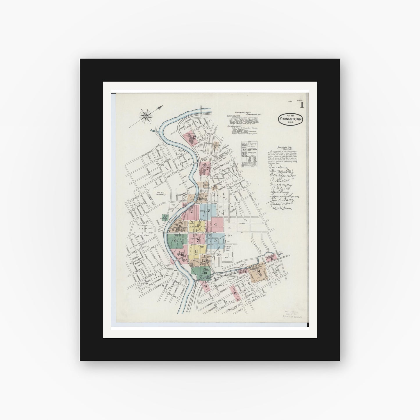 Old map wall art mockup — black gallery frame with white mat — Sanborn Fire Insurance Map from Youngstown, Mahoning County, Ohio (1889), Sheet #0001