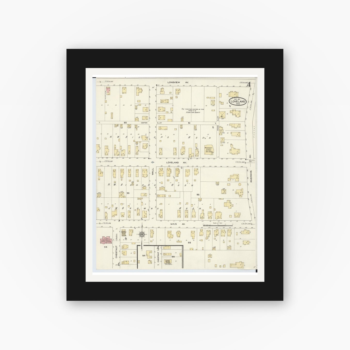 Old map wall art mockup — black gallery frame with white mat — Sanborn Fire Insurance Map from Loveland, Clermont, Hamilton, And Warren County, Ohio (1911), Sheet #0004
