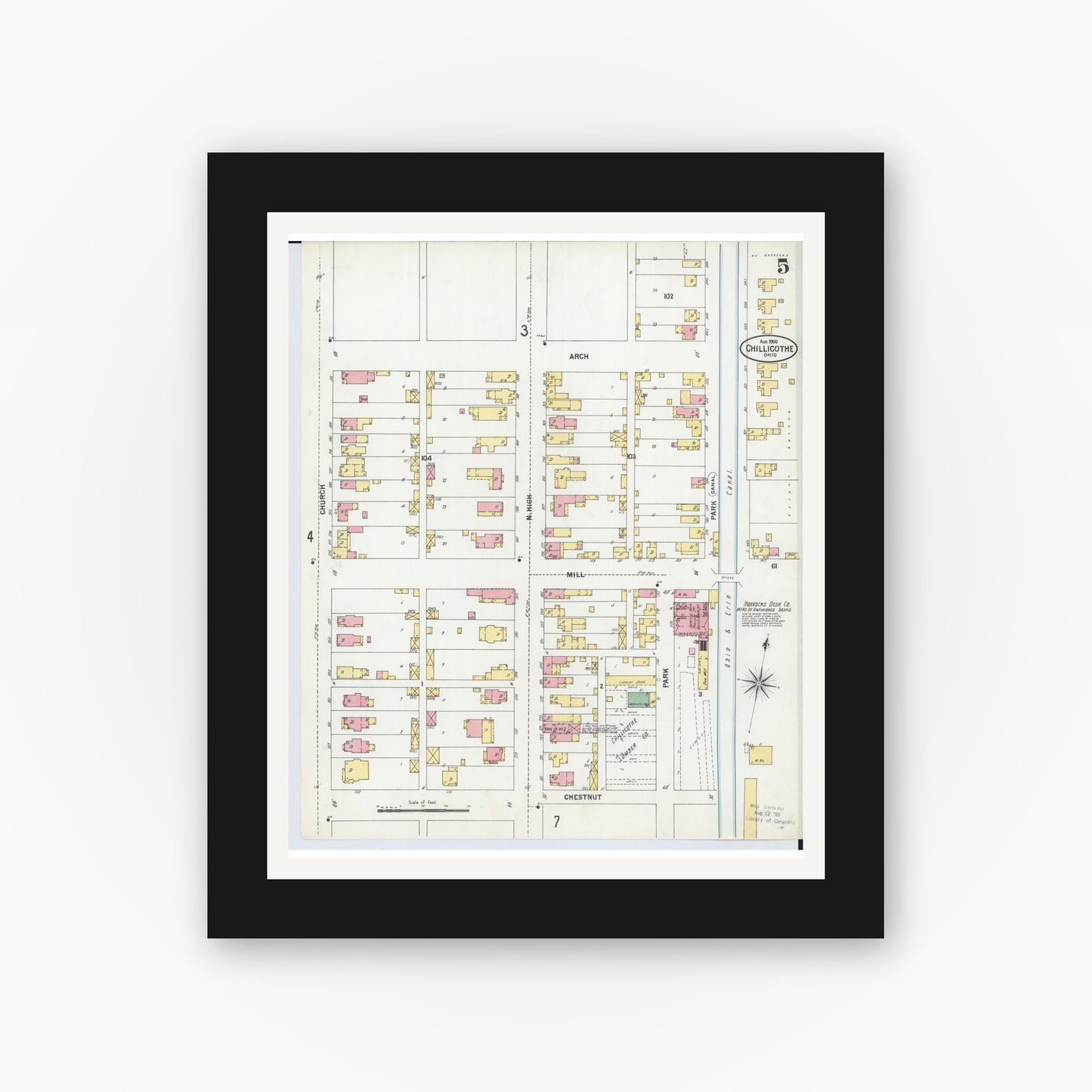 Old map wall art mockup — black gallery frame with white mat — Sanborn Fire Insurance Map from Chillicothe, Ross County, Ohio (1900), Sheet #0005
