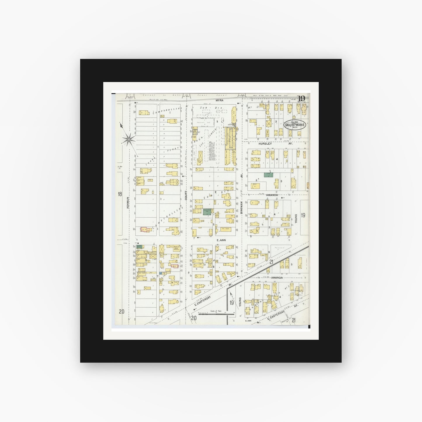 Old map wall art mockup — black gallery frame with white mat — Sanborn Fire Insurance Map from Sault Sainte Marie, Chippewa County, Michigan (1902), Sheet #0019