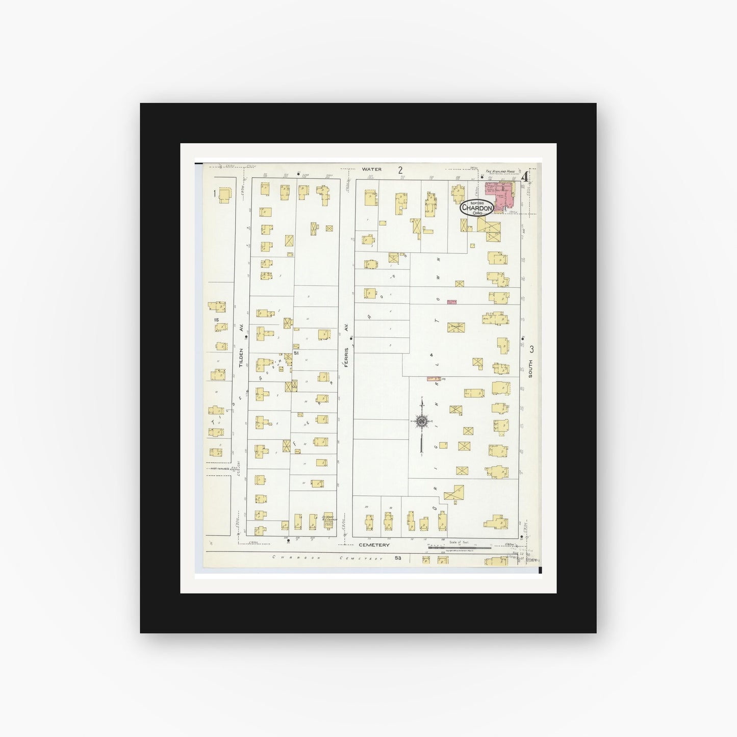 Old map wall art mockup — black gallery frame with white mat — Sanborn Fire Insurance Map from Chardon, Geauga County, Ohio (1918), Sheet #0004