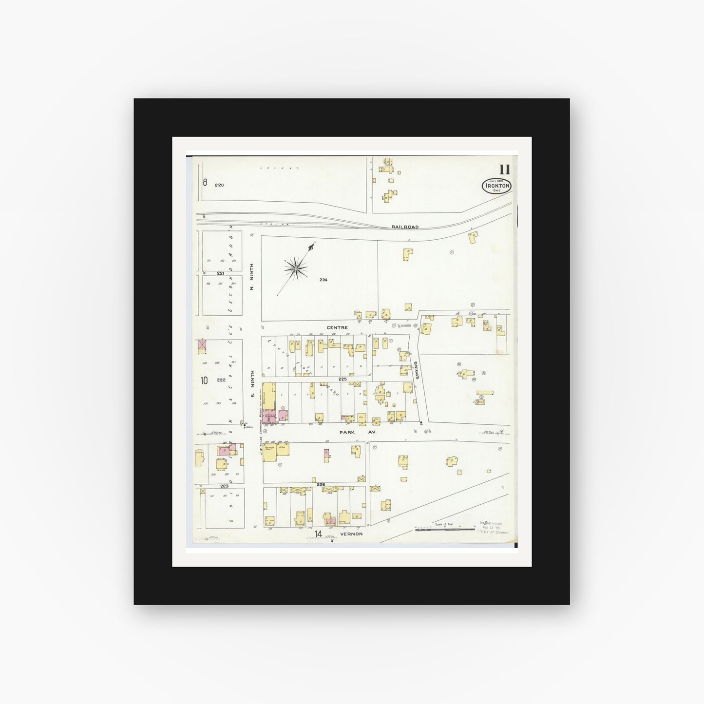 Old map wall art mockup — black gallery frame with white mat — Sanborn Fire Insurance Map from Ironton, Lawrence County, Ohio (1909), Sheet #0011
