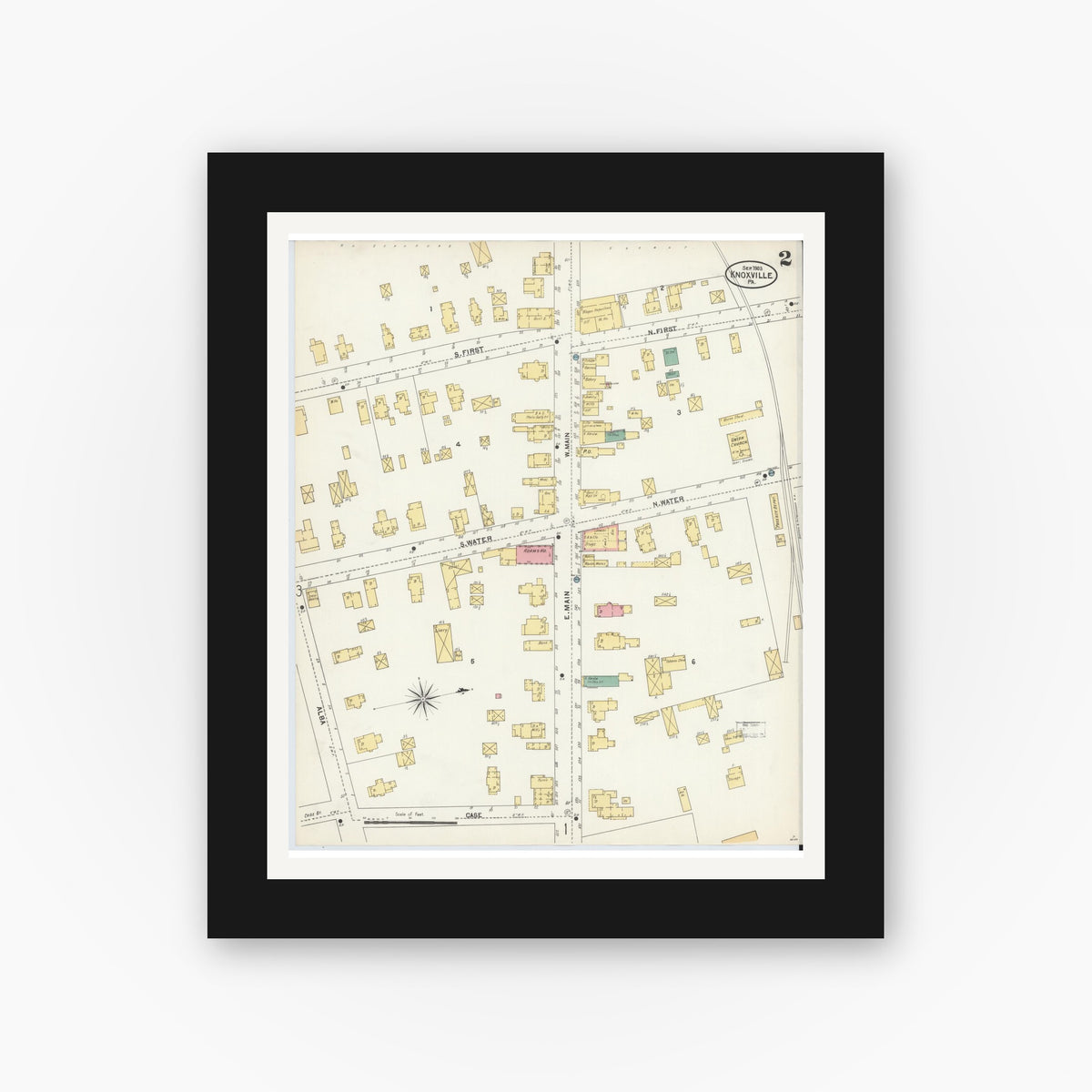 Old map wall art mockup — black gallery frame with white mat — Sanborn Fire Insurance Map from Knoxville, Tioga County, Pennsylvania (1903), Sheet #0002