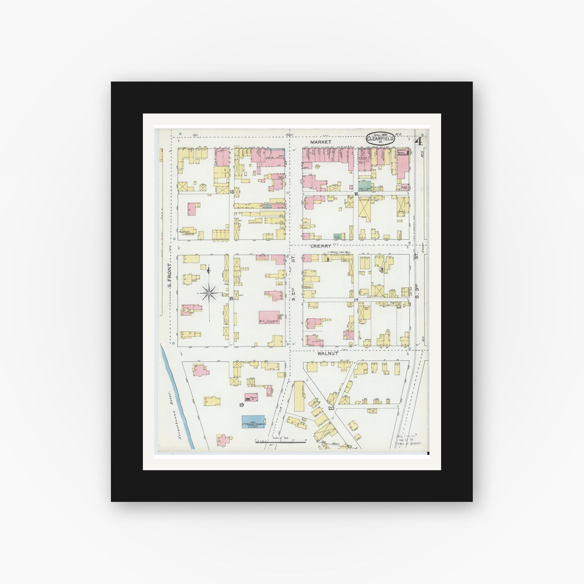 Old map wall art mockup — black gallery frame with white mat — Sanborn Fire Insurance Map from Clearfield, Clearfield County, Pennsylvania (1892), Sheet #0004
