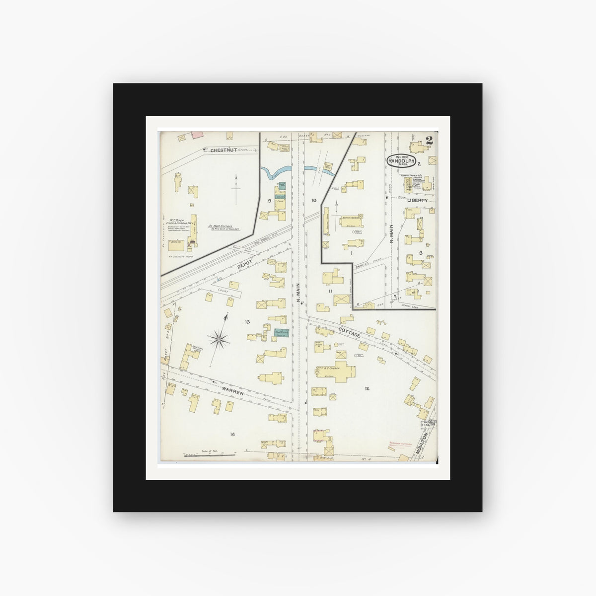 Old map wall art mockup — black gallery frame with white mat — Sanborn Fire Insurance Map from Randolph, Norfolk County, Massachusetts (1892), Sheet #0002
