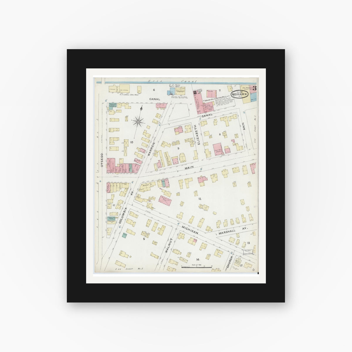 Old map wall art mockup — black gallery frame with white mat — Sanborn Fire Insurance Map from Mohawk, Herkimer County, New York (1891), Sheet #0003