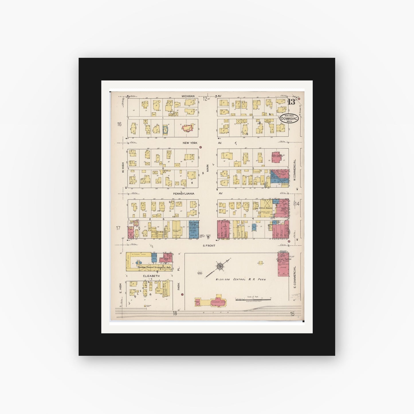 Old map wall art mockup — black gallery frame with white mat — Sanborn Fire Insurance Map from Dowagiac, Cass County, Michigan (1922), Sheet #0013