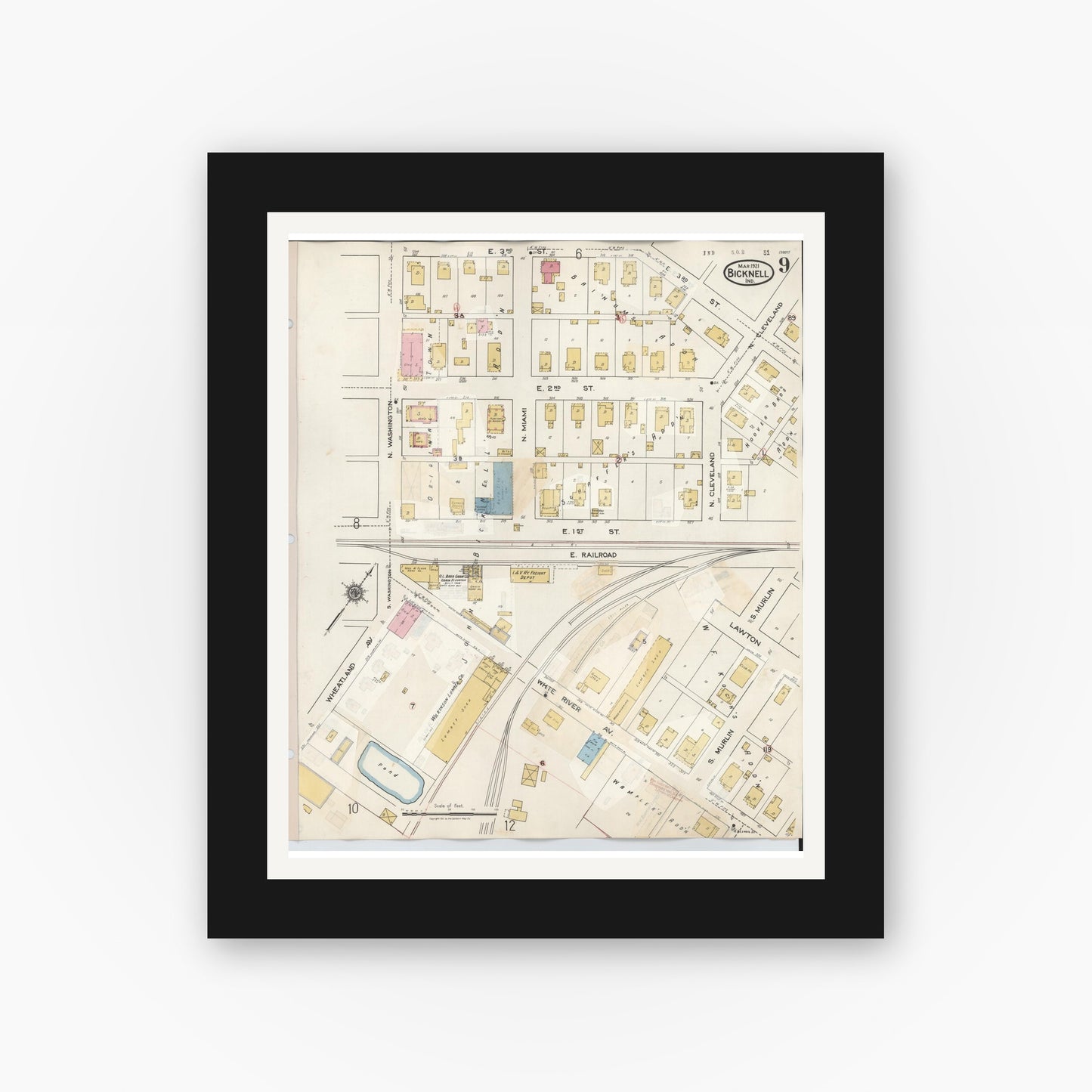 Old map wall art mockup — black gallery frame with white mat — Sanborn Fire Insurance Map from Bicknell, Knox County, Indiana (1946), Sheet #0009