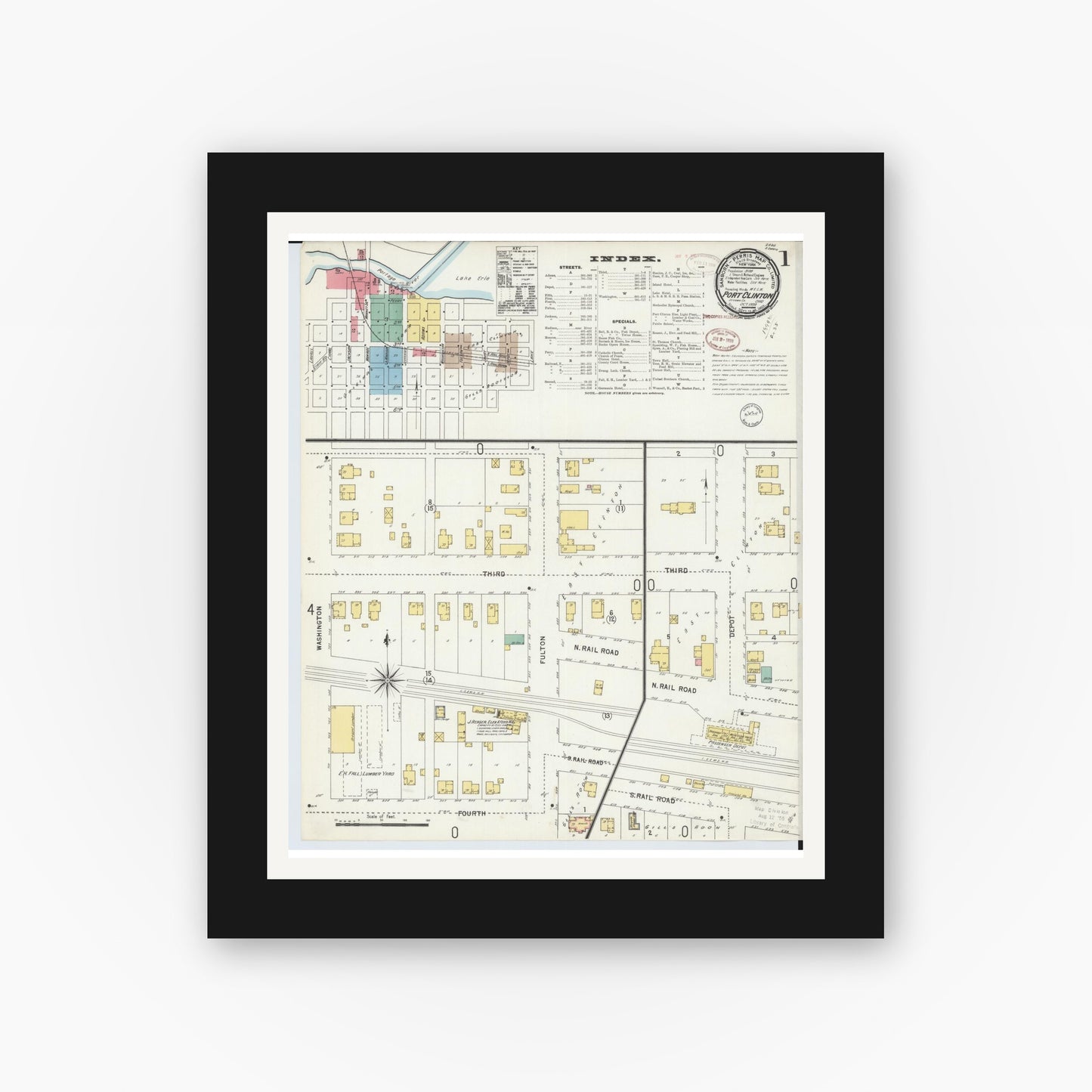 Old map wall art mockup — black gallery frame with white mat — Sanborn Fire Insurance Map from Port Clinton, Ottawa County, Ohio (1898), Sheet #0001
