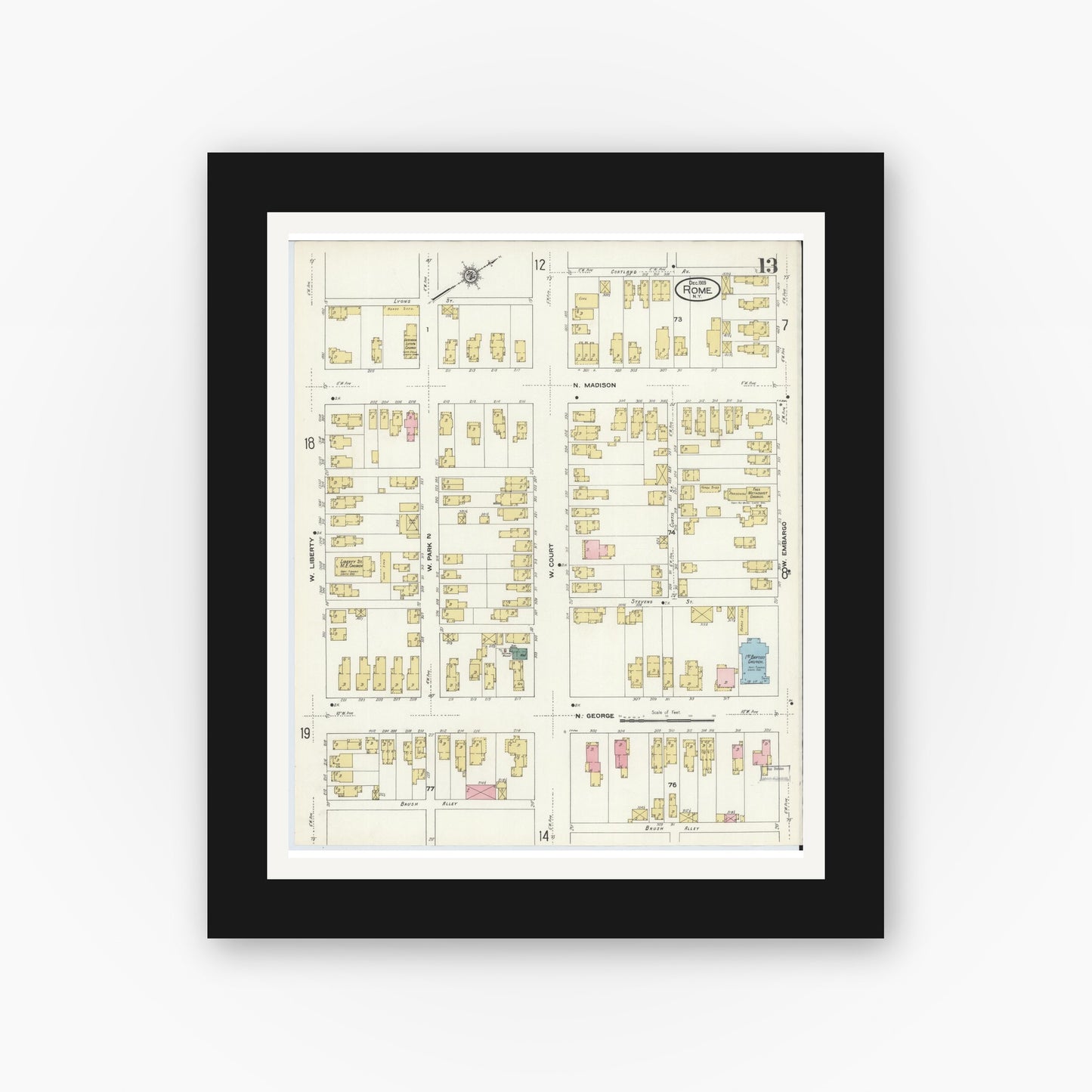 Old map wall art mockup — black gallery frame with white mat — Sanborn Fire Insurance Map from Rome, Oneida County, New York (1909), Sheet #0013