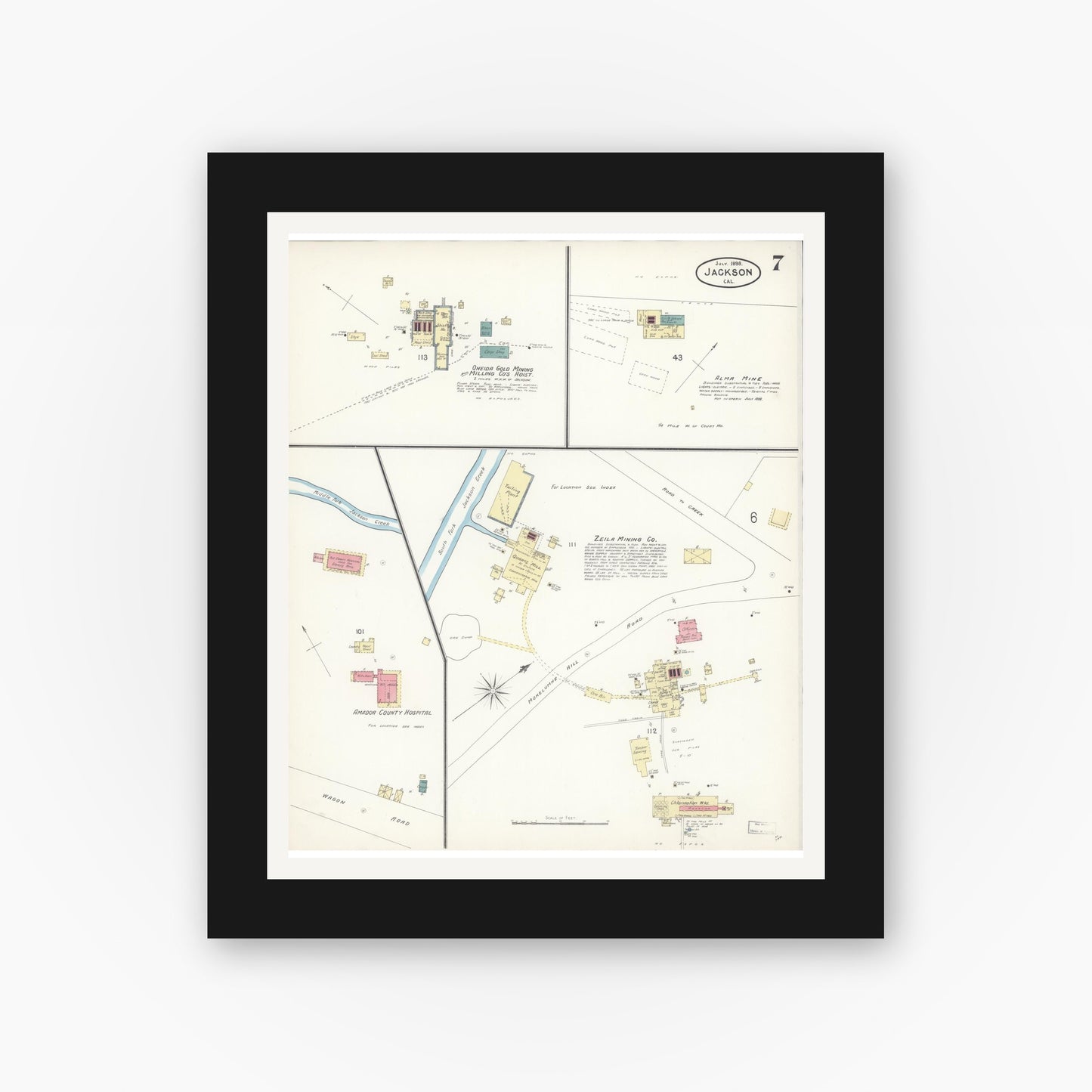 Old map wall art mockup — black gallery frame with white mat — Sanborn Fire Insurance Map from Jackson, Amador County, California (1898), Sheet #0007