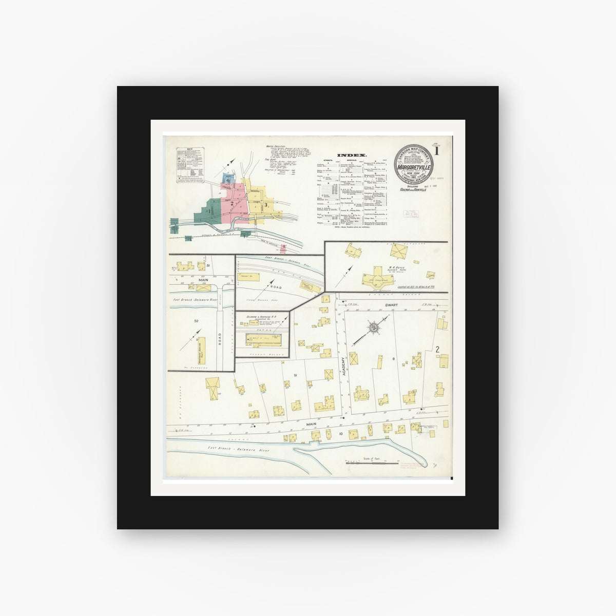 Old map wall art mockup — black gallery frame with white mat — Sanborn Fire Insurance Map from Margaretville, Delaware County, New York (1912), Sheet #0001
