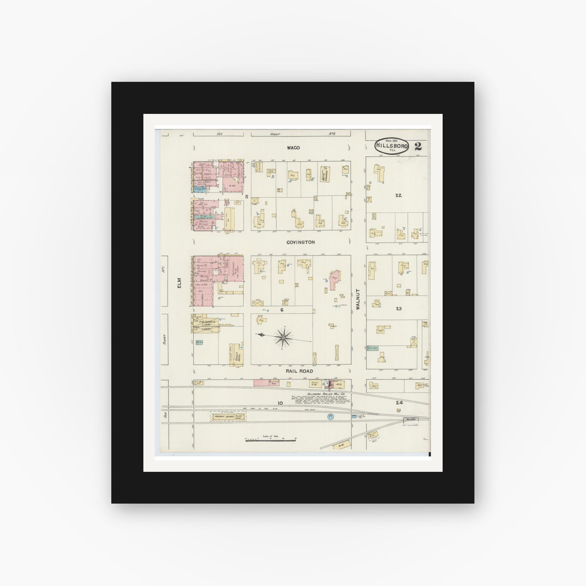 Old map wall art mockup — black gallery frame with white mat — Sanborn Fire Insurance Map from Hillsboro, Hill County, Texas (1891), Sheet #0002