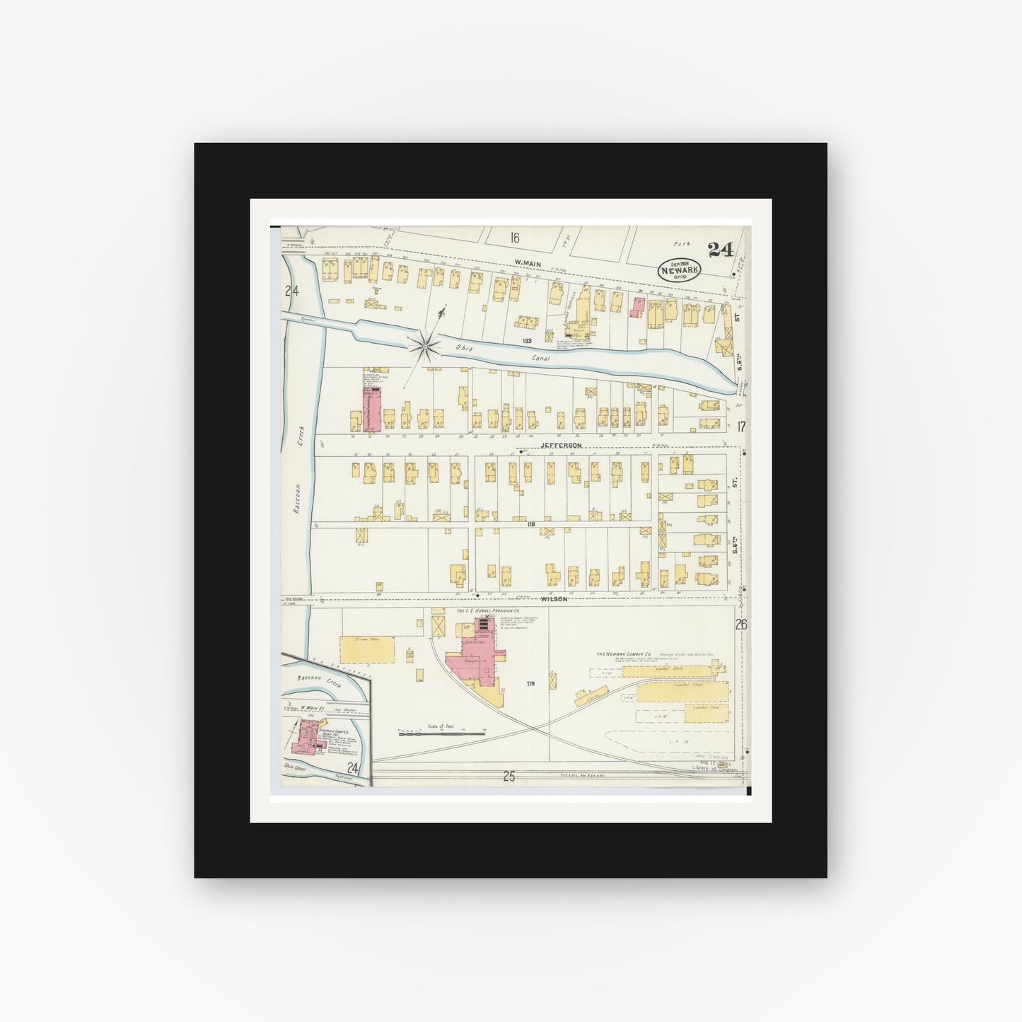 Old map wall art mockup — black gallery frame with white mat — Sanborn Fire Insurance Map from Newark, Licking County, Ohio (1905), Sheet #0024