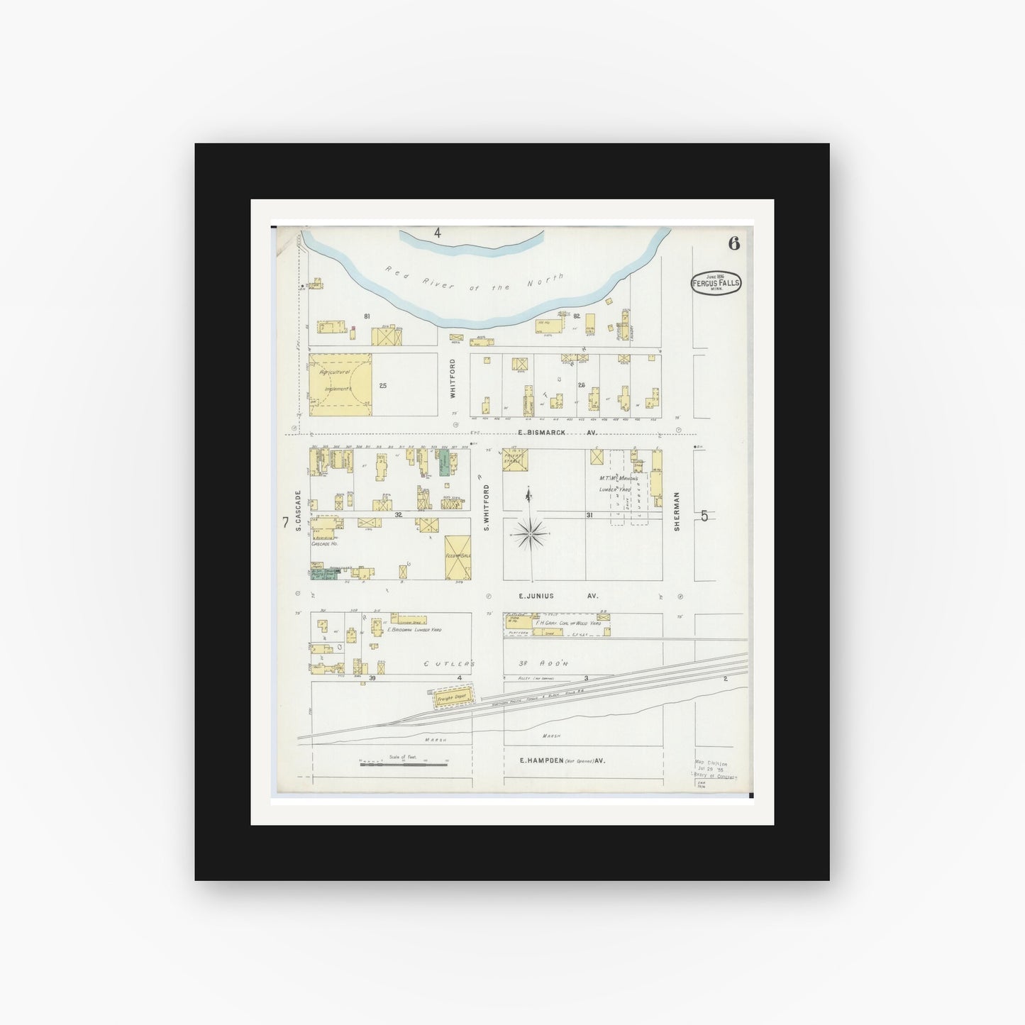 Old map wall art mockup — black gallery frame with white mat — Sanborn Fire Insurance Map from Fergus Falls, Otter Tail County, Minnesota (1896), Sheet #0006
