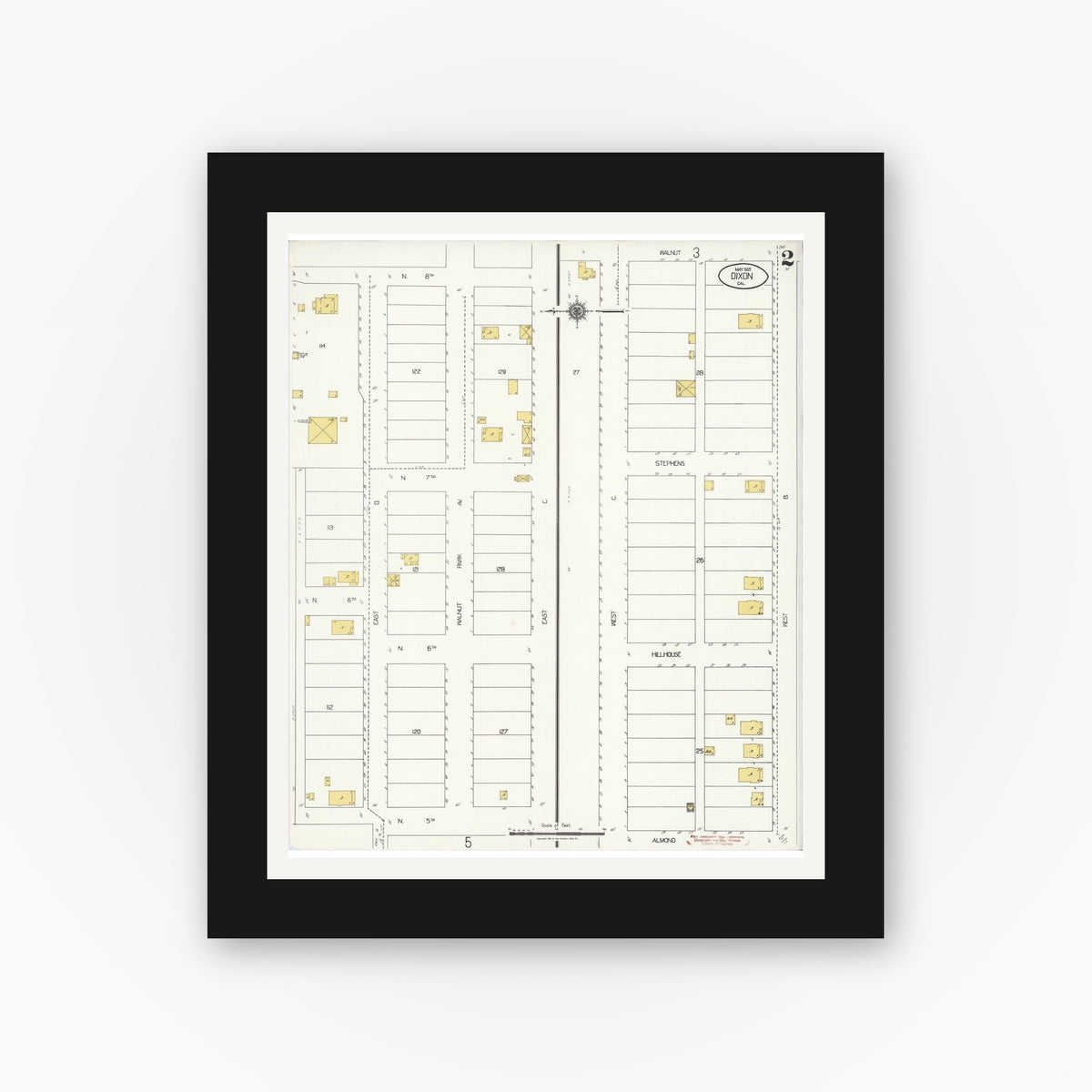 Old map wall art mockup — black gallery frame with white mat — Sanborn Fire Insurance Map from Dixon, Solano County, California (1921), Sheet #0002