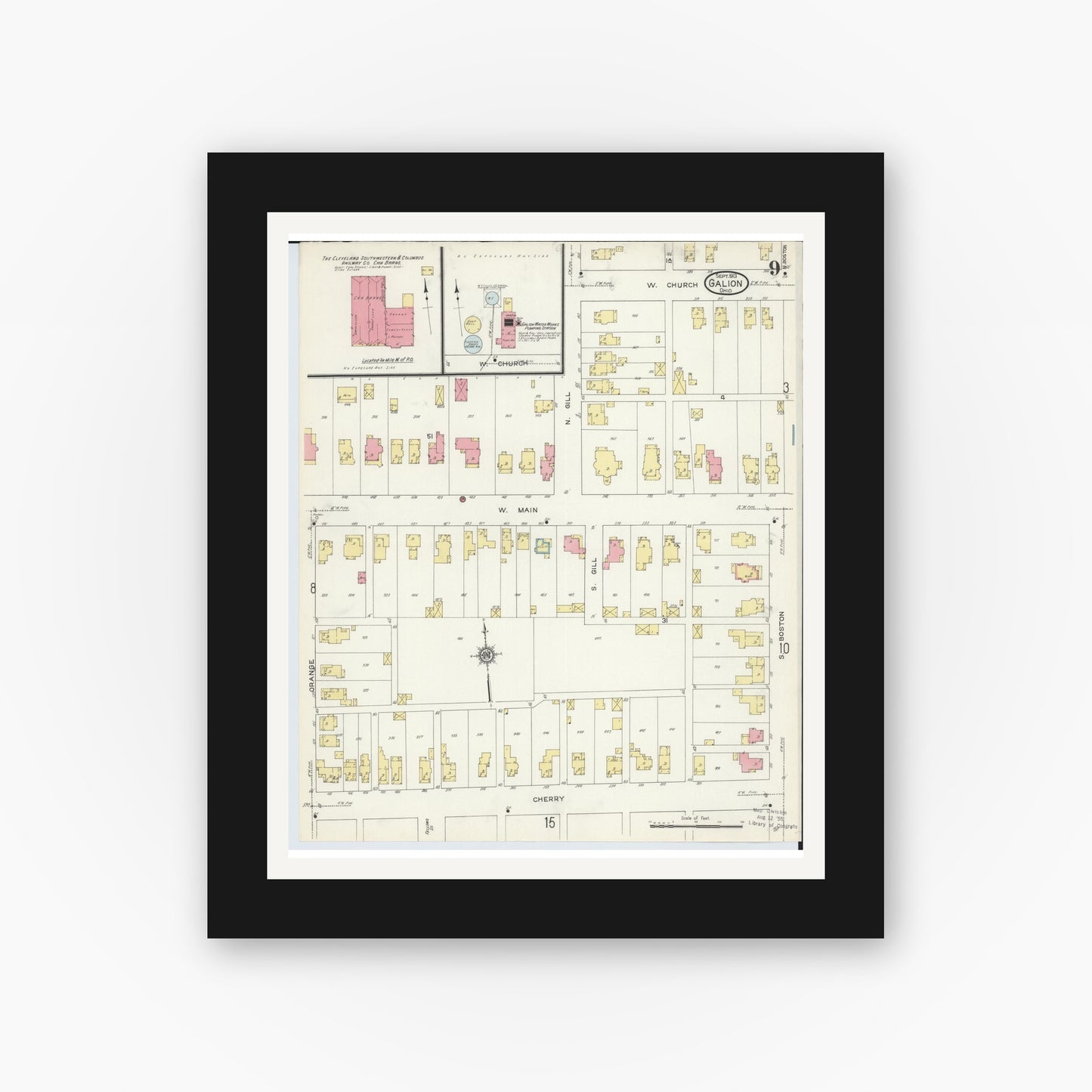Old map wall art mockup — black gallery frame with white mat — Sanborn Fire Insurance Map from Galion, Crawford County, Ohio (1913), Sheet #0009