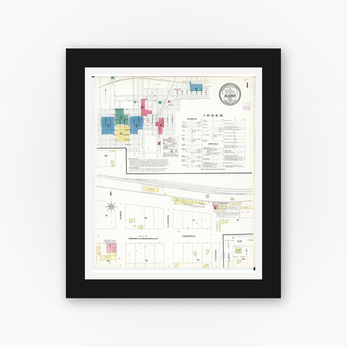 Old map wall art mockup — black gallery frame with white mat — Sanborn Fire Insurance Map from Algona, Kossuth County, Iowa (1907) — Complete Set