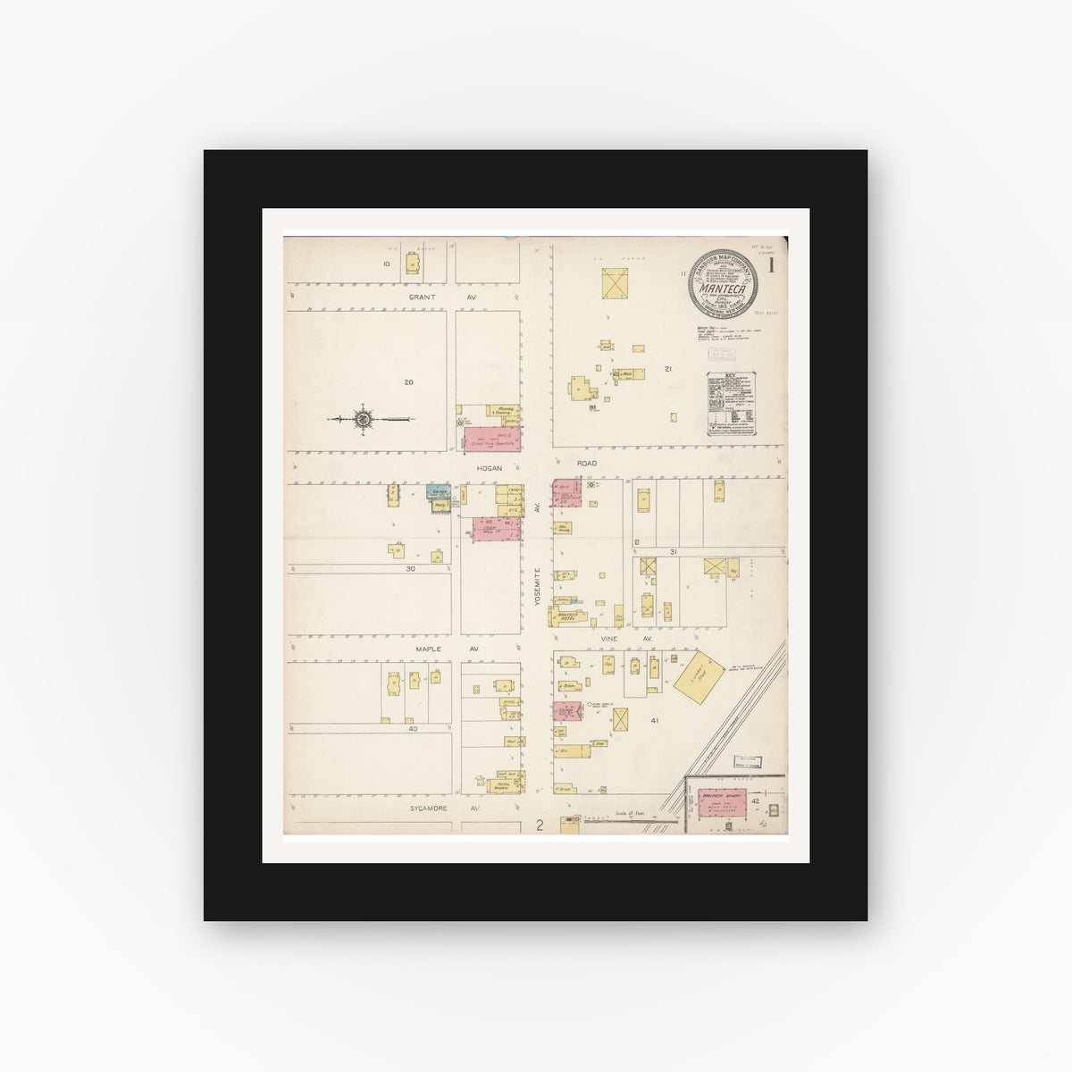 Old map wall art mockup — black gallery frame with white mat — Sanborn Fire Insurance Map from Manteca, San Joaquin County, California (1913) - Complete Map Set