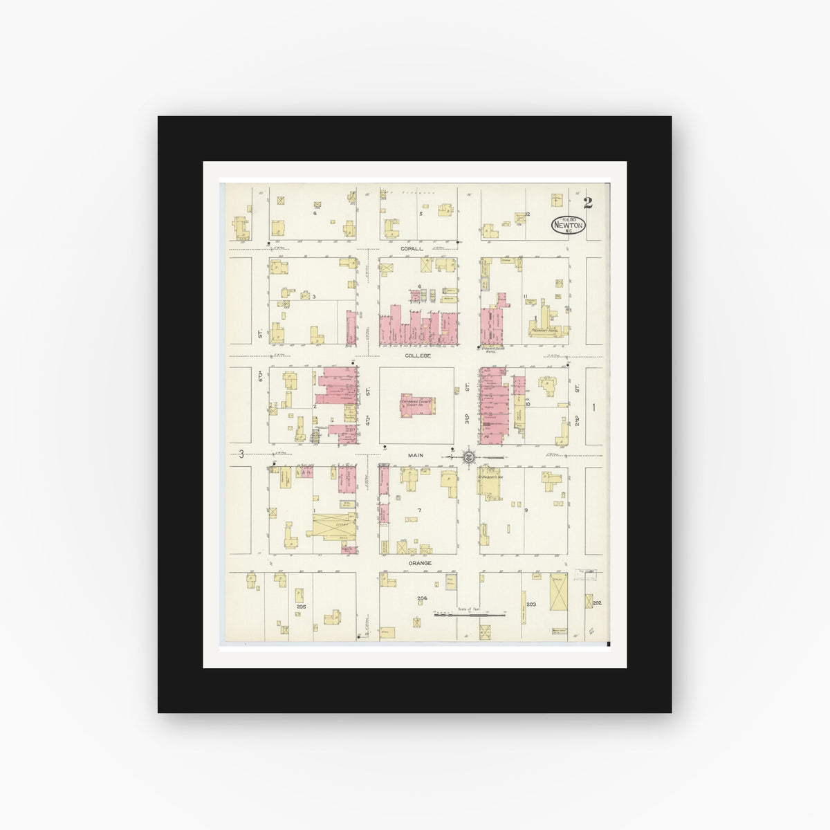 Old map wall art mockup — black gallery frame with white mat — Sanborn Fire Insurance Map from Newton, Catawba County, North Carolina (1913), Sheet #0002