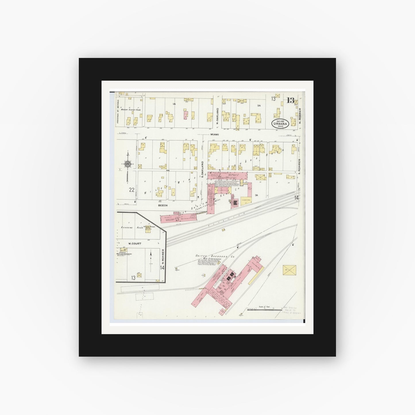 Old map wall art mockup — black gallery frame with white mat — Sanborn Fire Insurance Map from Urbana, Champaign County, Ohio (1910), Sheet #0013