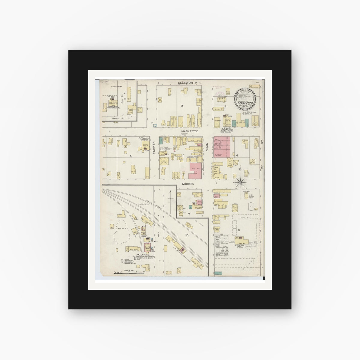 Old map wall art mockup — black gallery frame with white mat — Sanborn Fire Insurance Map from Marlette, Sanilac County, Michigan (1893), Sheet #0001