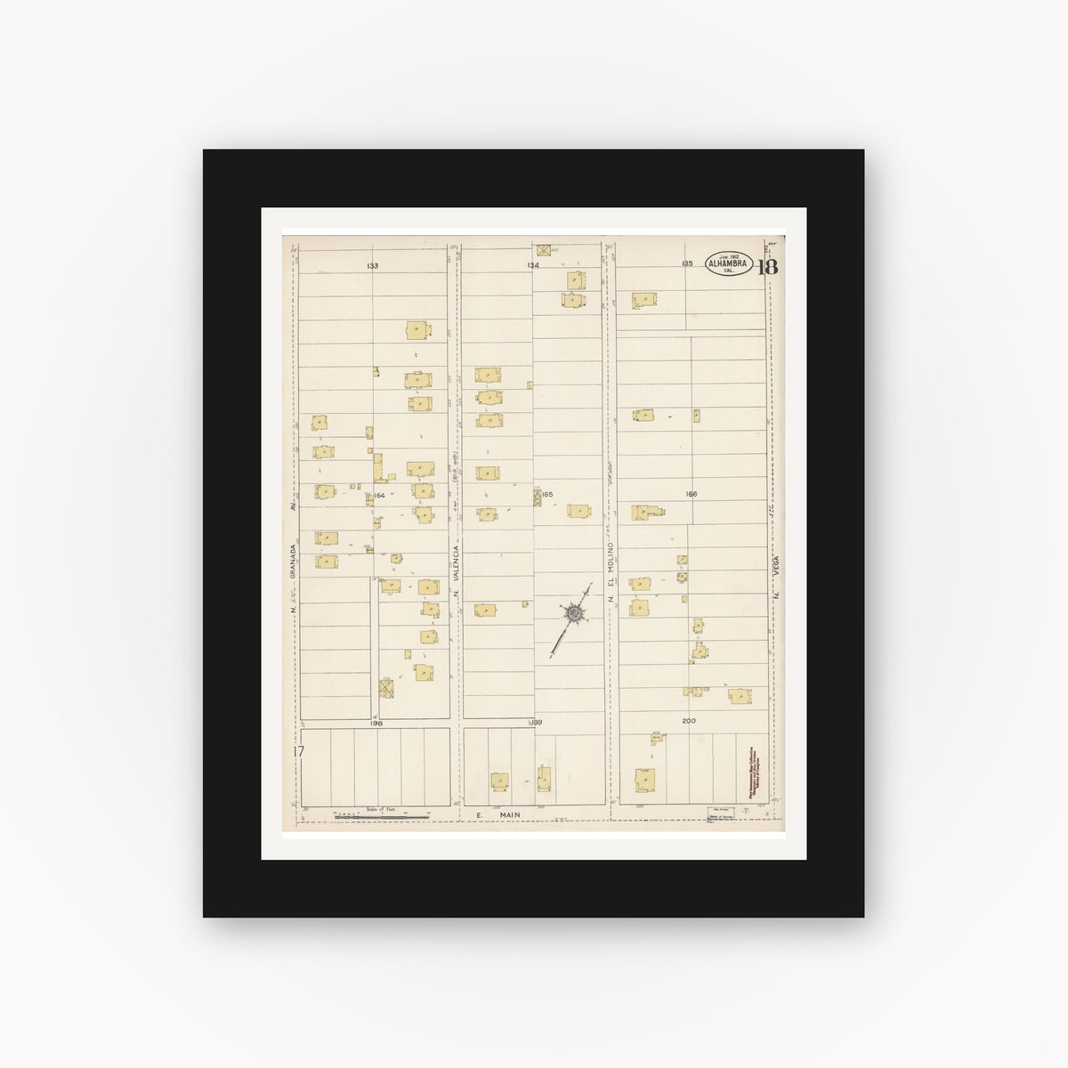 Old map wall art mockup — black gallery frame with white mat — Sanborn Fire Insurance Map from Alhambra, Los Angeles County, California (1912), Sheet #0018