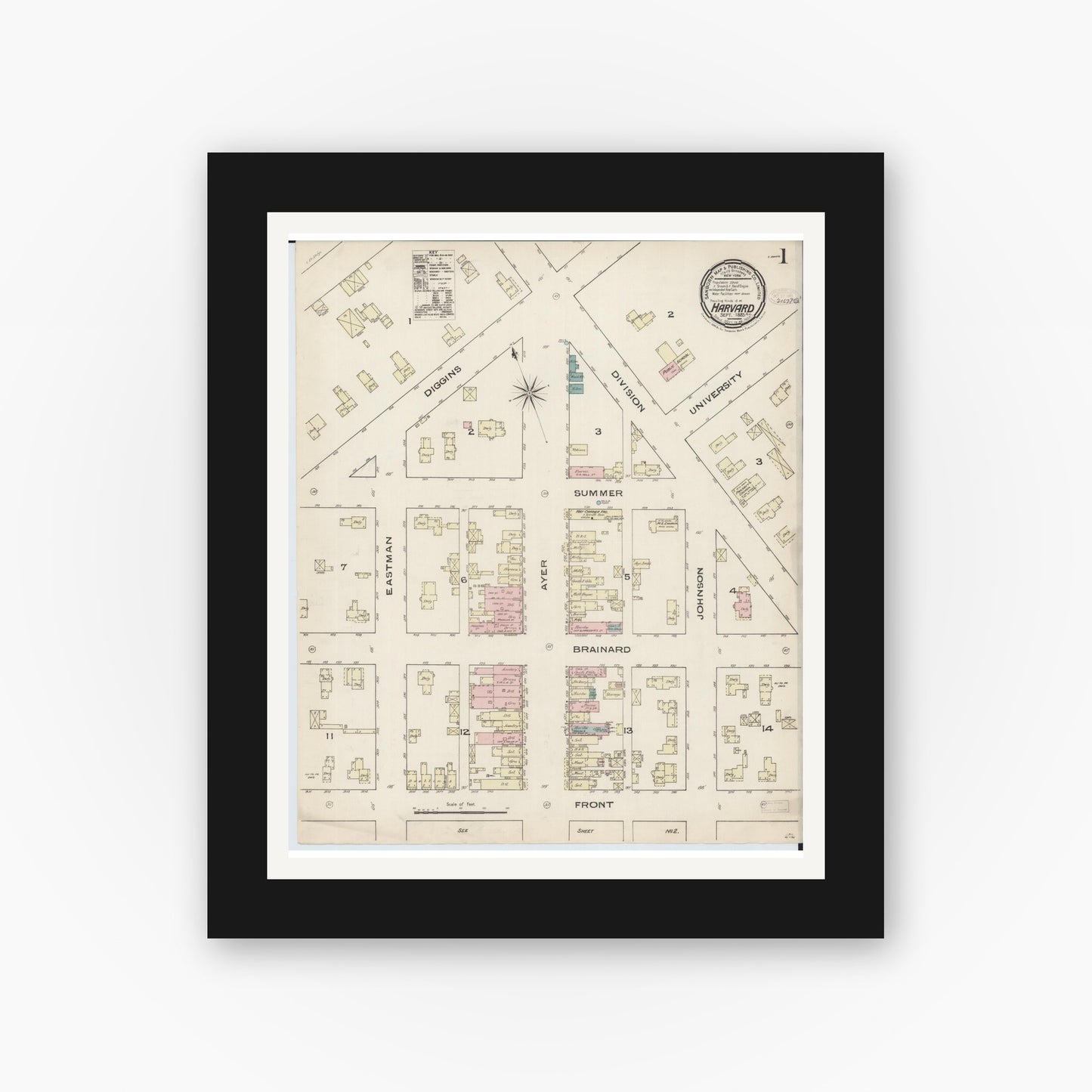Old map wall art mockup — black gallery frame with white mat — Sanborn Fire Insurance Map from Harvard, McHenry County, Illinois (1885), Sheet #0001