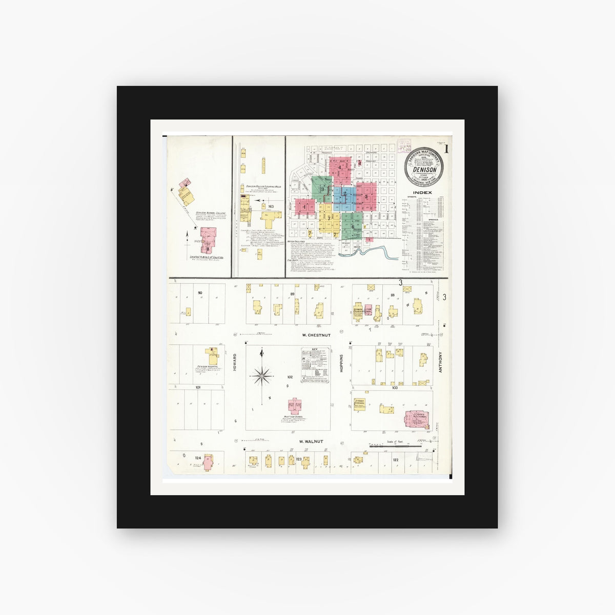 Old map wall art mockup — black gallery frame with white mat — Sanborn Fire Insurance Map from Denison, Crawford County, Iowa (1908) — Complete Set