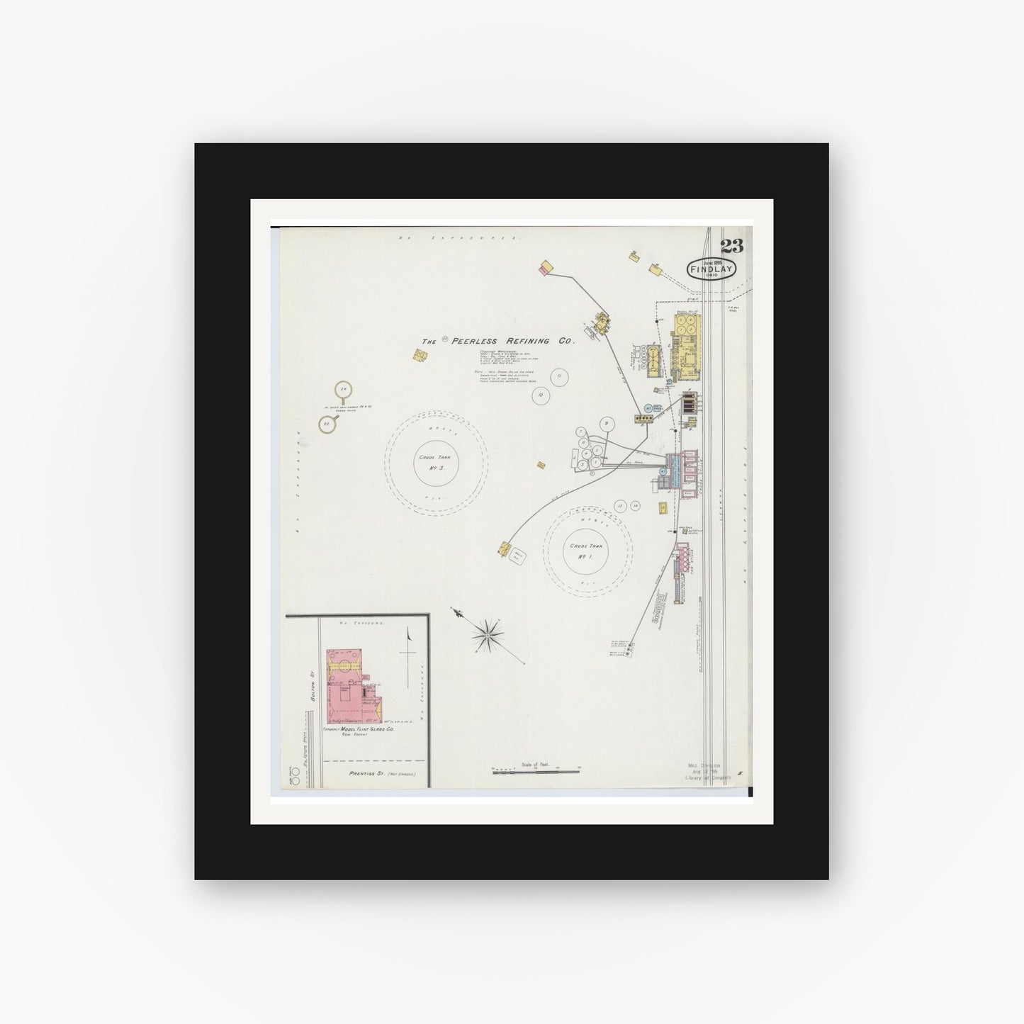 Old map wall art mockup — black gallery frame with white mat — Sanborn Fire Insurance Map from Findlay, Hancock County, Ohio (1895), Sheet #0023