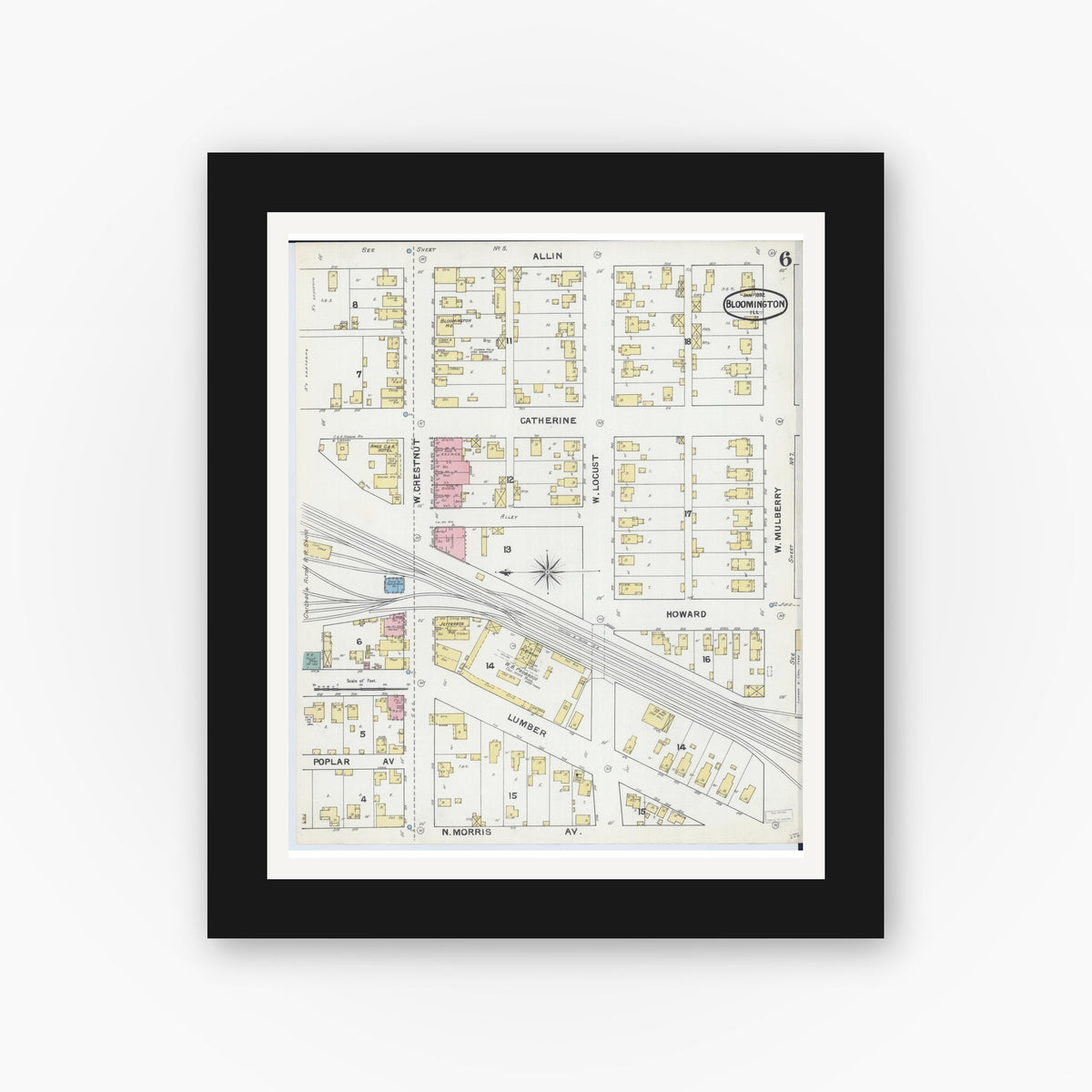 Old map wall art mockup — black gallery frame with white mat — Sanborn Fire Insurance Map from Bloomington, McLean County, Illinois (1892), Sheet #0006