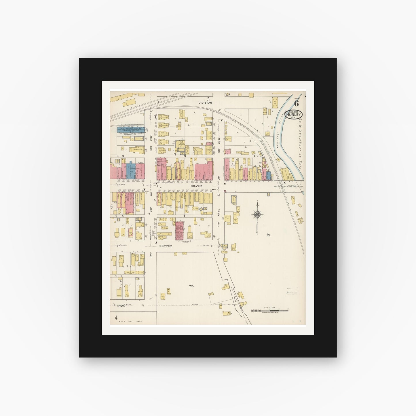 Old map wall art mockup — black gallery frame with white mat — Sanborn Fire Insurance Map from Hurley, Iron County, Wisconsin (1922), Sheet #0006