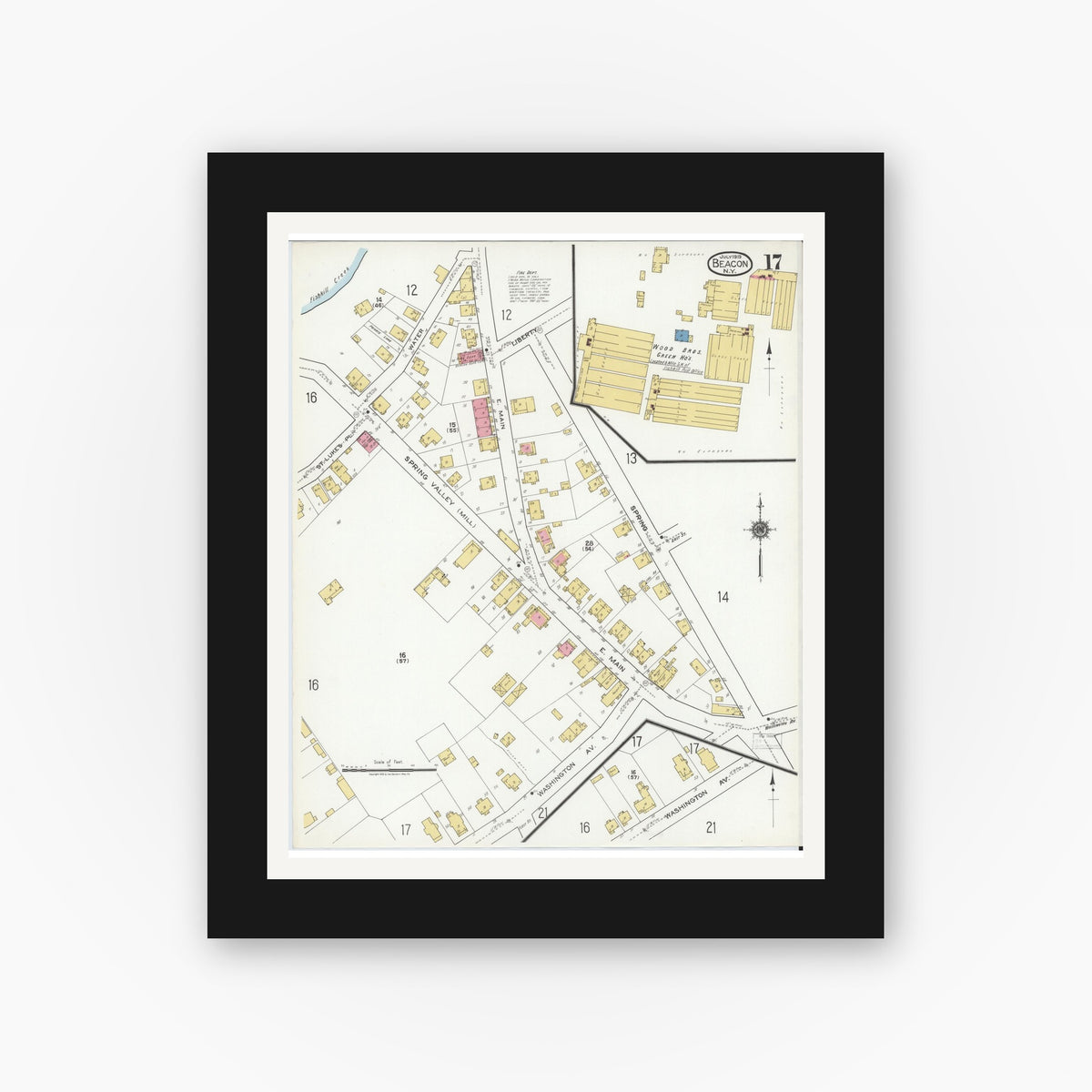 Old map wall art mockup — black gallery frame with white mat — Sanborn Fire Insurance Map from Beacon, Dutchess County, New York (1919), Sheet #0017