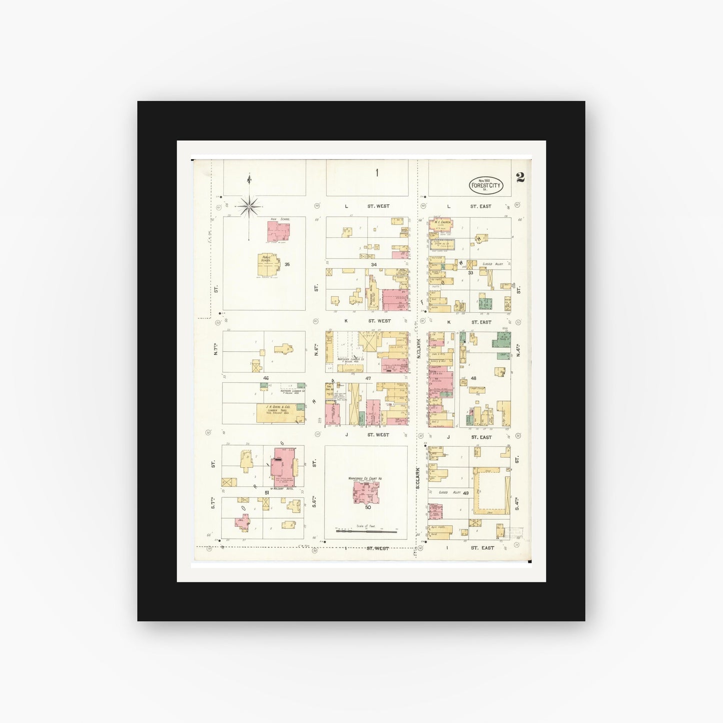 Old map wall art mockup — black gallery frame with white mat — Sanborn Fire Insurance Map from Forest City, Winnebago County, Iowa (1901), Sheet #0002