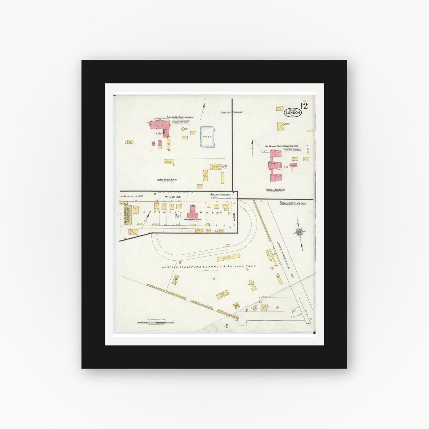 Old map wall art mockup — black gallery frame with white mat — Sanborn Fire Insurance Map from London, Madison County, Ohio (1921), Sheet #0012