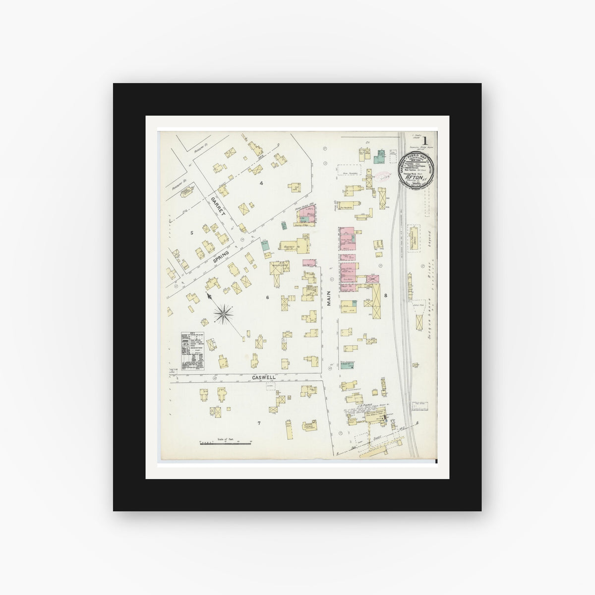 Old map wall art mockup — black gallery frame with white mat — Sanborn Fire Insurance Map from Afton, Chenango County, New York (1891) - Complete Map Set