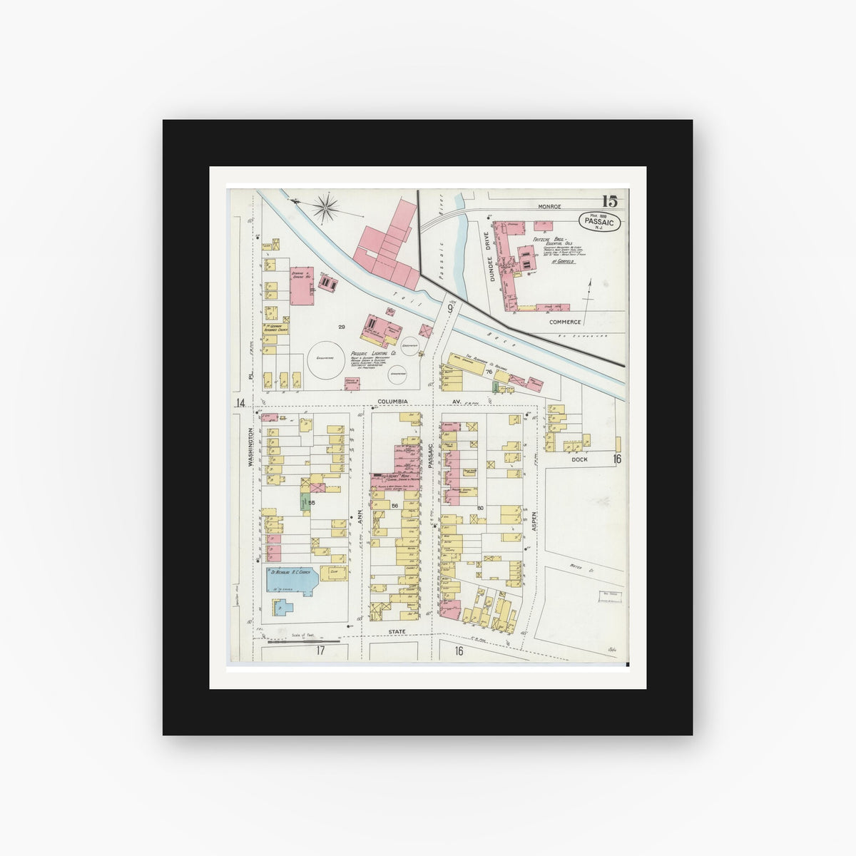Old map wall art mockup — black gallery frame with white mat — Sanborn Fire Insurance Map from Passaic, Passaic County, New Jersey (1899), Sheet #0015