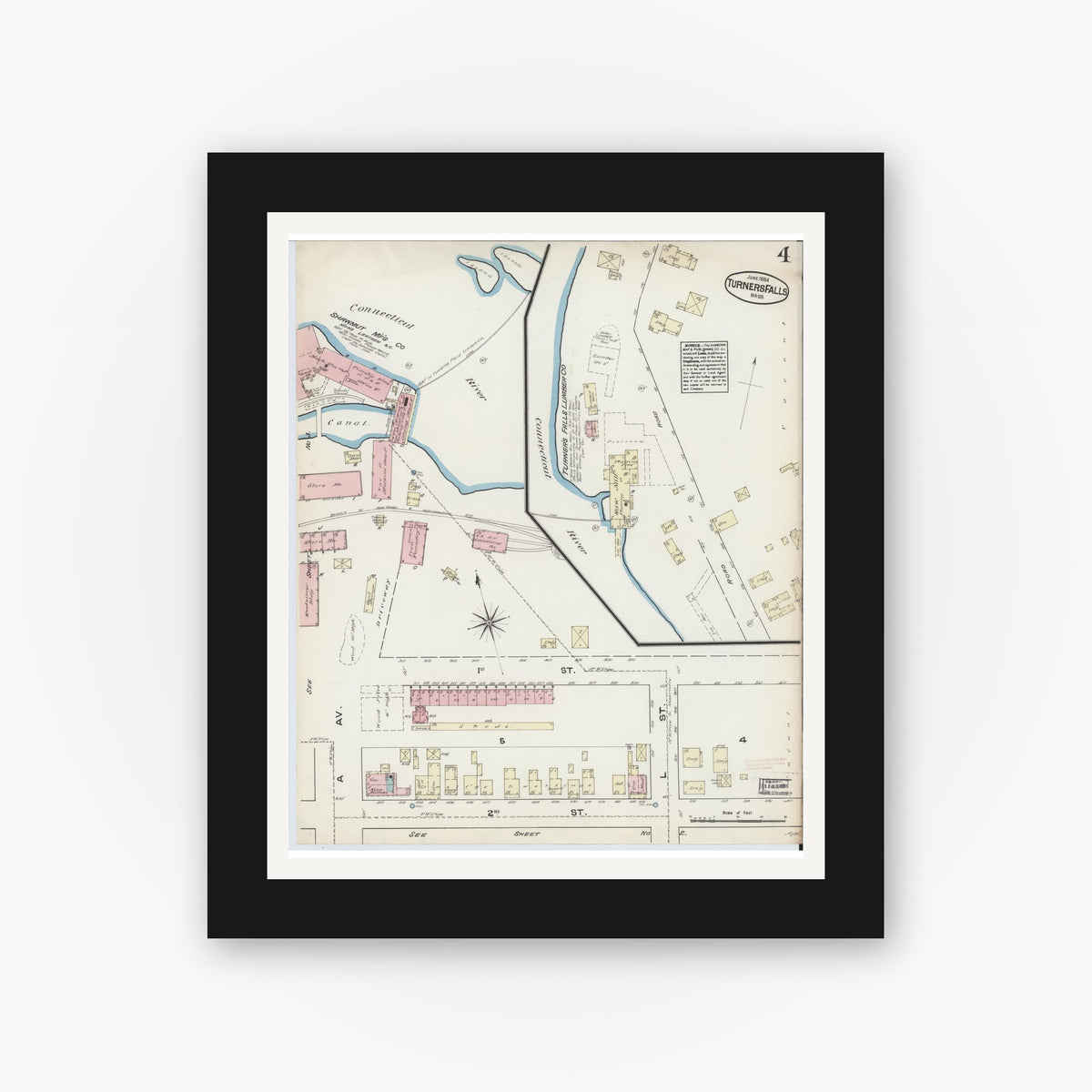 Old map wall art mockup — black gallery frame with white mat — Sanborn Fire Insurance Map from Turners Falls, Franklin County, Massachusetts (1884), Sheet #0004