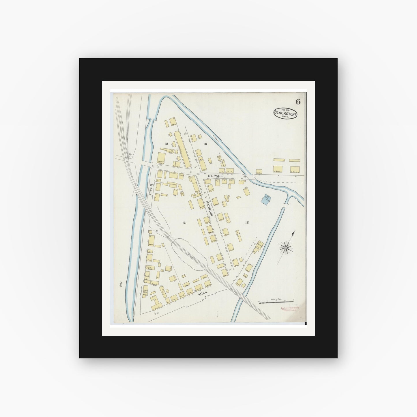 Old map wall art mockup — black gallery frame with white mat — Sanborn Fire Insurance Map from Blackstone, Worcester County, Massachusetts (1893), Sheet #0006