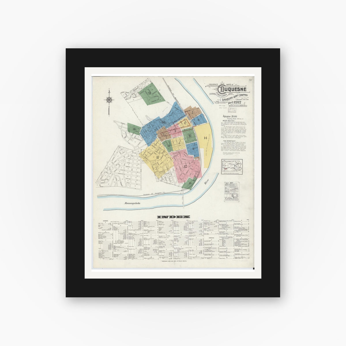 Old map wall art mockup — black gallery frame with white mat — Sanborn Fire Insurance Map from Duquesne, Allegheny County, Pennsylvania (1917) - Complete Map Set