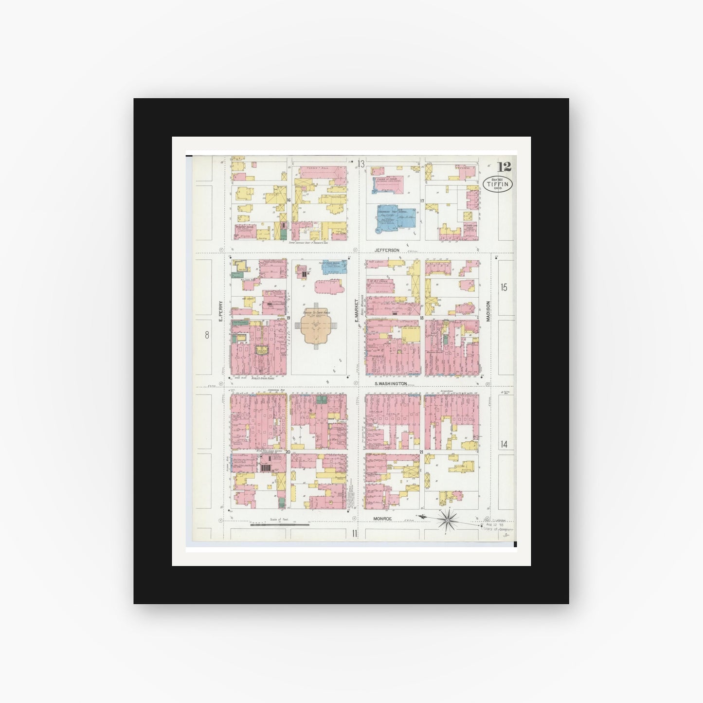 Old map wall art mockup — black gallery frame with white mat — Sanborn Fire Insurance Map from Tiffin, Seneca County, Ohio (1901), Sheet #0012