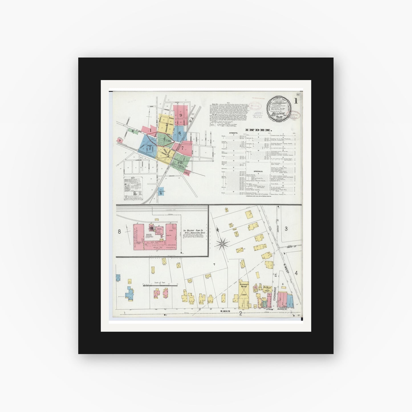 Old map wall art mockup — black gallery frame with white mat — Sanborn Fire Insurance Map from Bellevue, Huron And Sandusky County, Ohio (1899), Sheet #0001