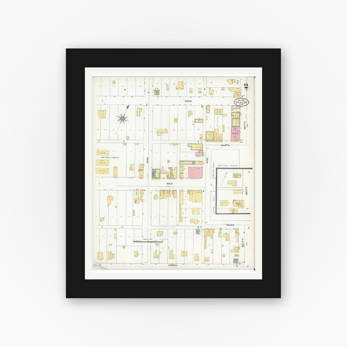 Old map wall art mockup — black gallery frame with white mat — Sanborn Fire Insurance Map from Uvalde, Uvalde County, Texas (1905), Sheet #0002