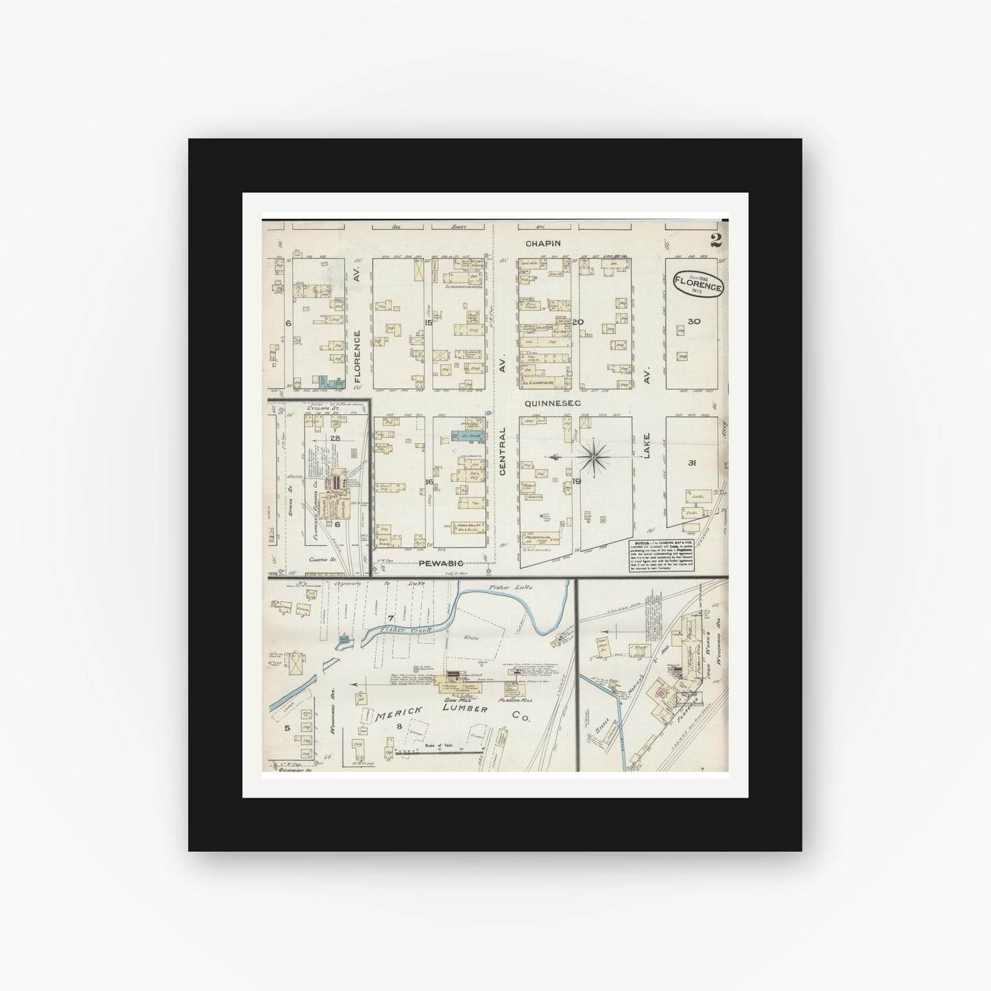 Old map wall art mockup — black gallery frame with white mat — Sanborn Fire Insurance Map from Florence, Florence County, Wisconsin (1884), Sheet #0002