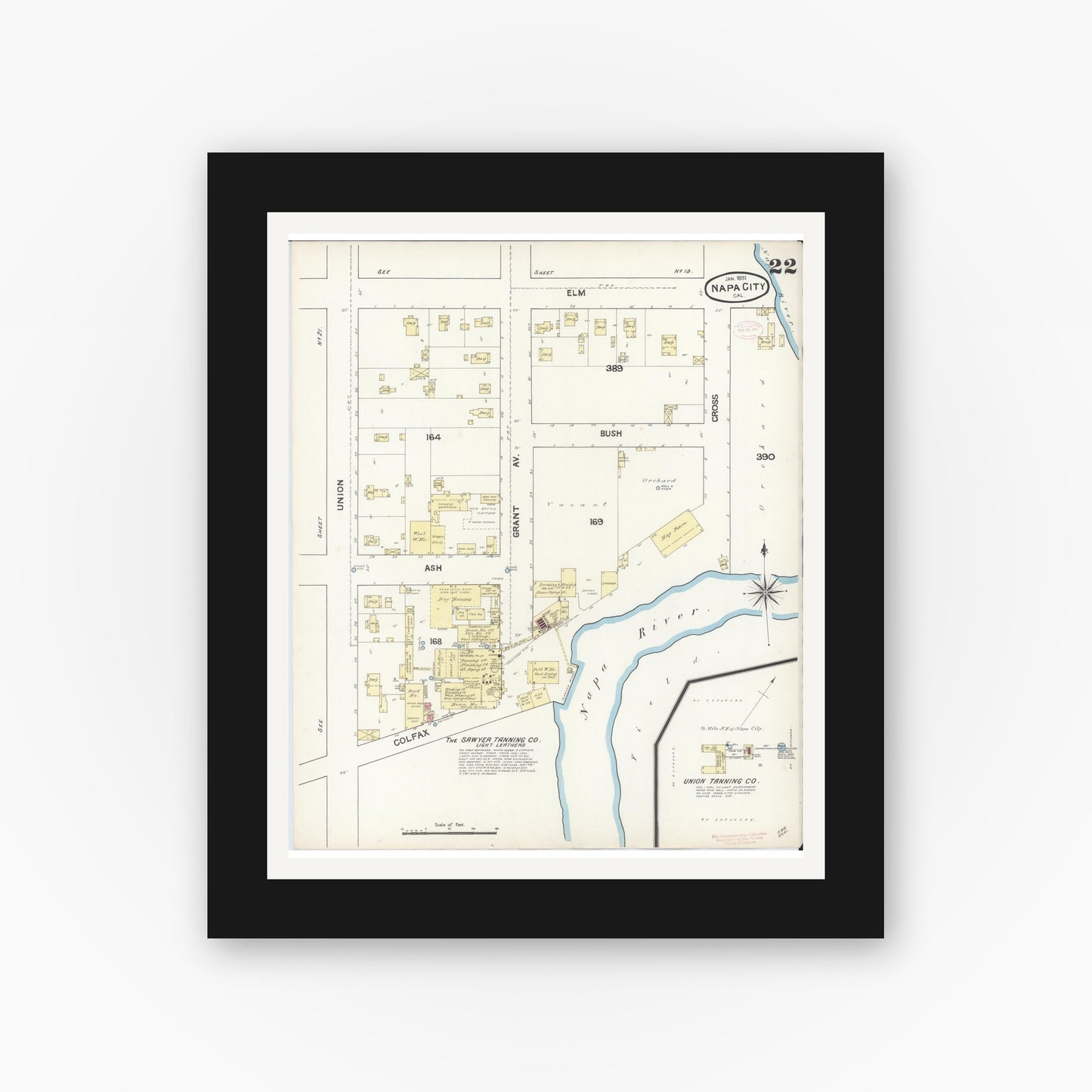 Old map wall art mockup — black gallery frame with white mat — Sanborn Fire Insurance Map from Napa, Napa County, California (1891), Sheet #0022