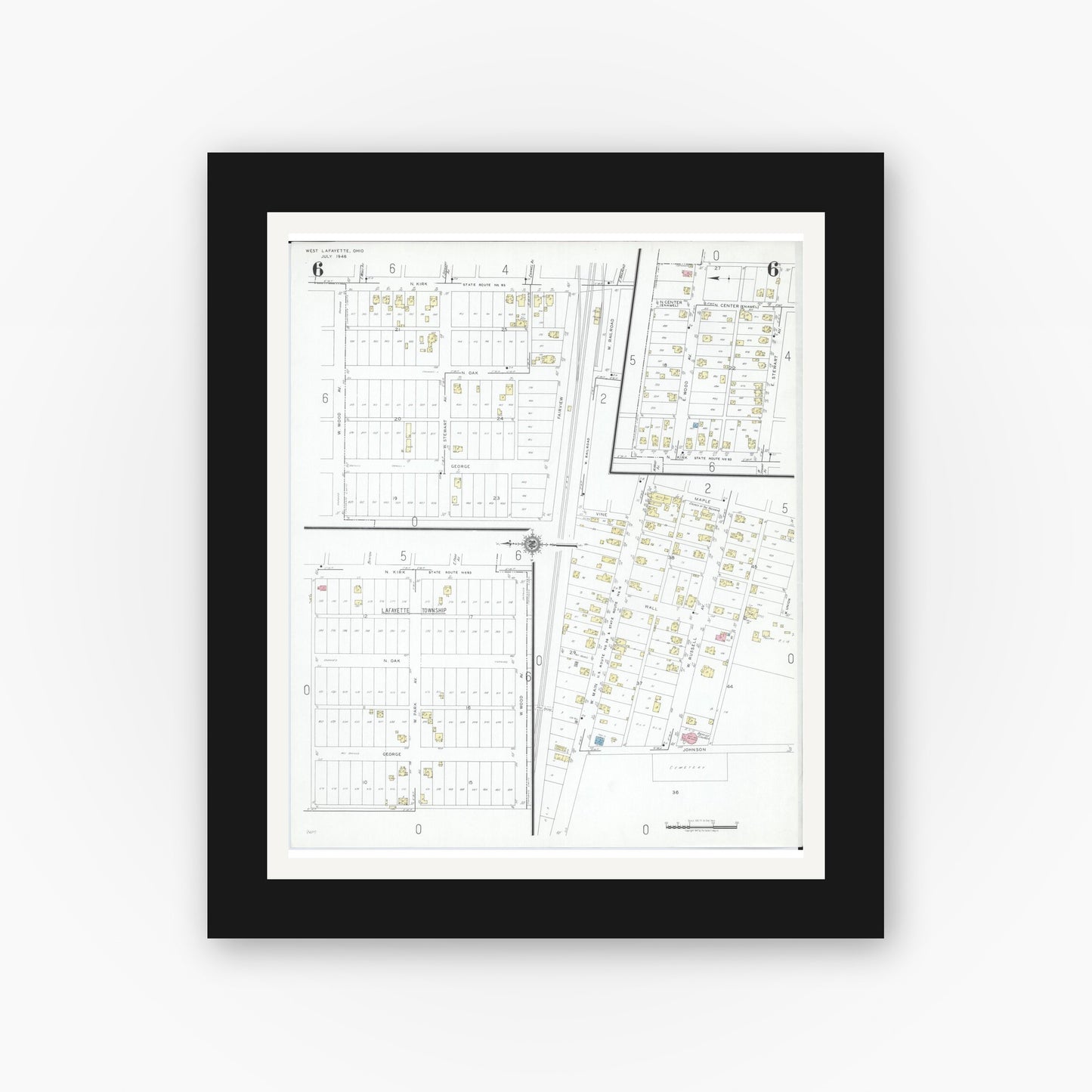 Old map wall art mockup — black gallery frame with white mat — Sanborn Fire Insurance Map from West Lafayette, Coshocton County, Ohio (1946), Sheet #0006