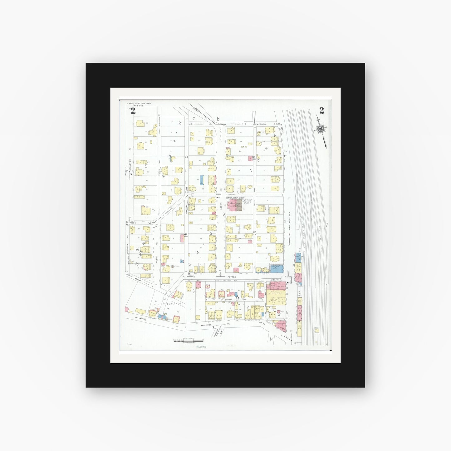Old map wall art mockup — black gallery frame with white mat — Sanborn Fire Insurance Map from Mingo Junction, Jefferson County, Ohio (1946), Sheet #0002